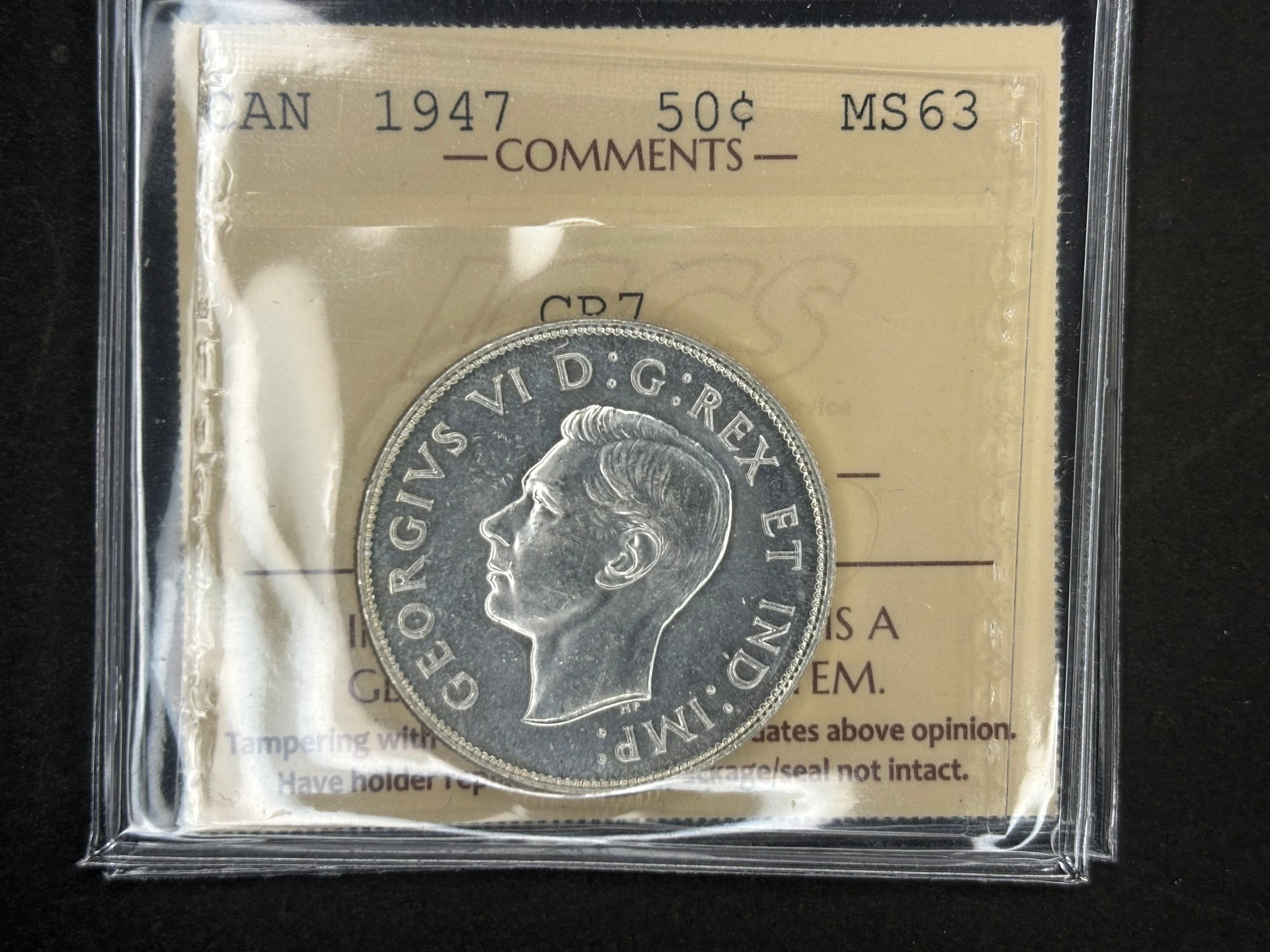 Pièce d'argent du Canada - 50 cents - 1947 CR7 / ICCS MS63