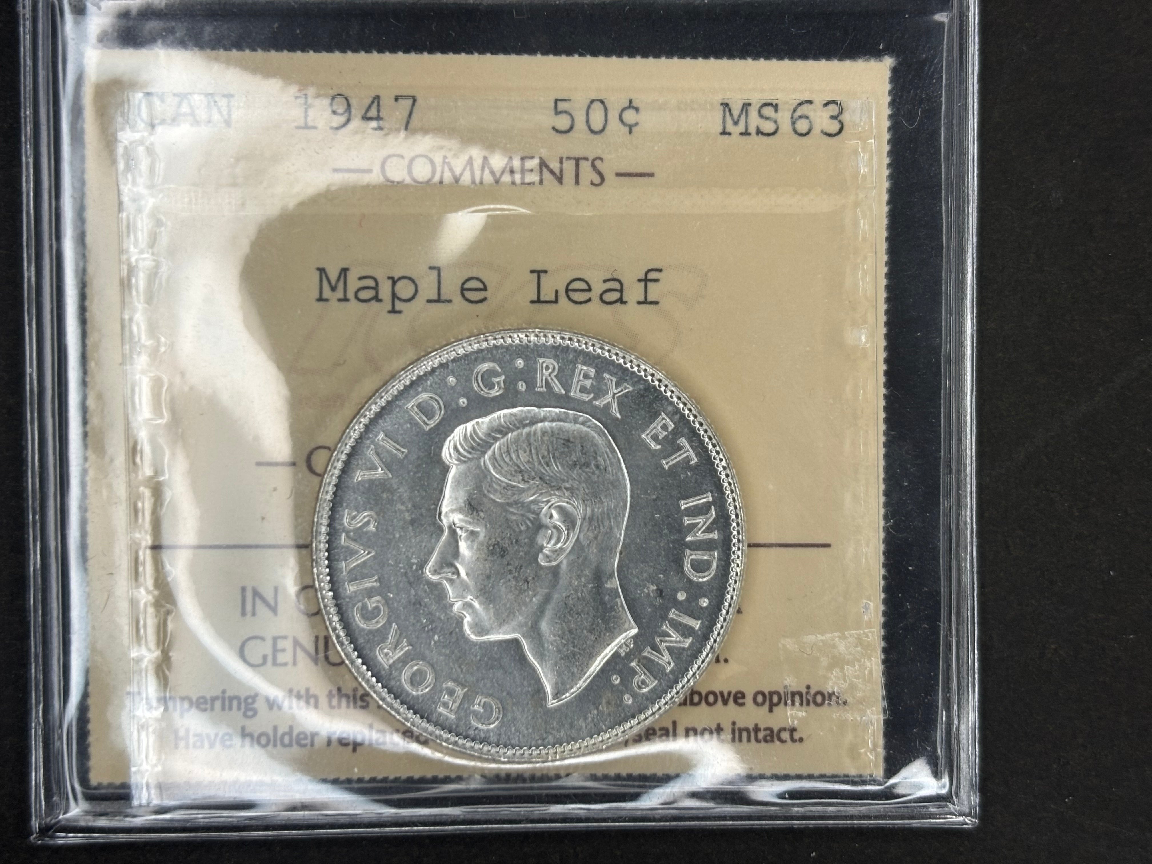 Pièce de monnaie en argent du Canada - 50 cents - 1947 ML Straight / ICCS MS63