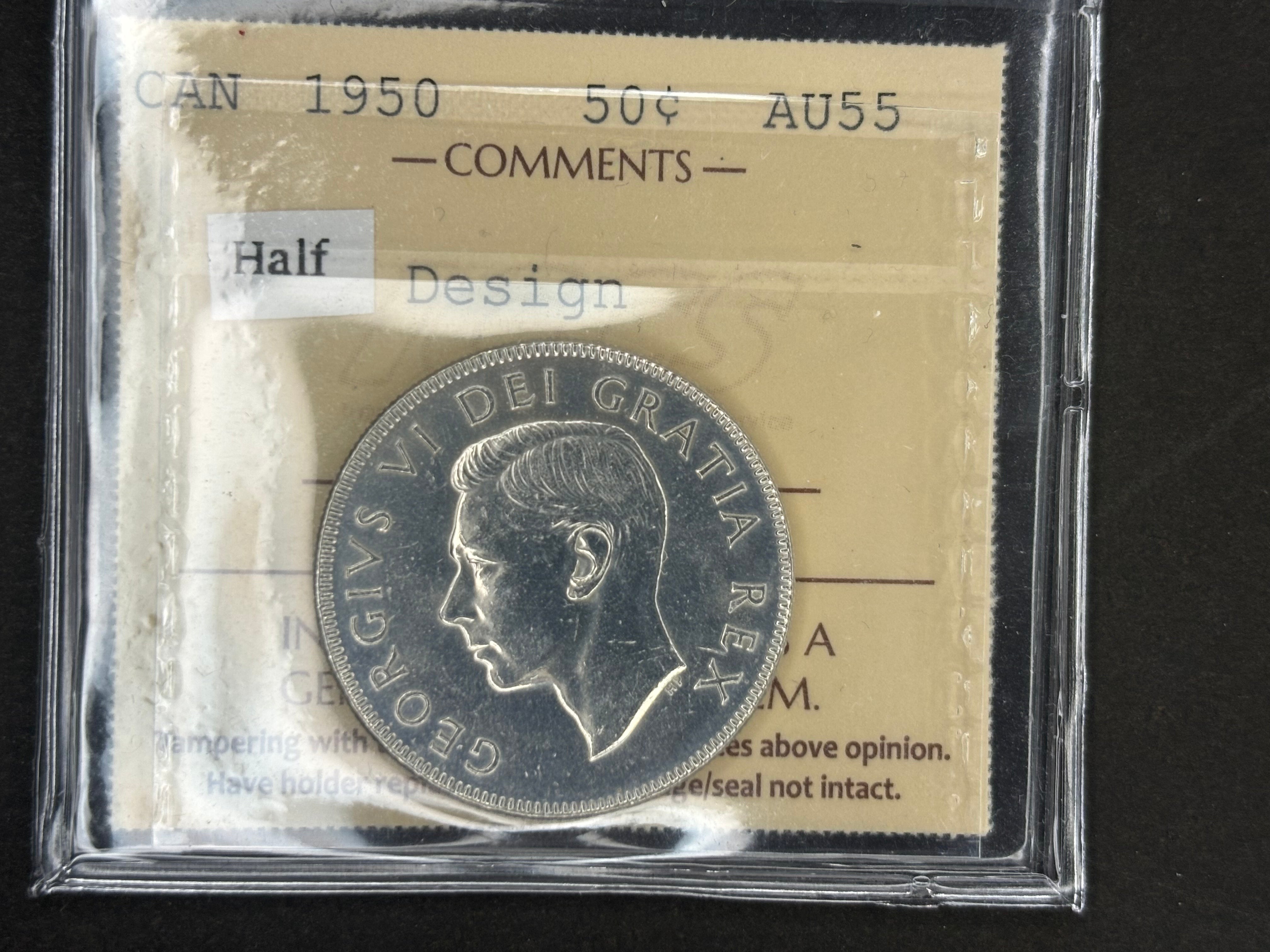 Pièce d'argent canadienne de 50 cents - Demi-pièce de 1950 en qualité 0 / ICCS AU55