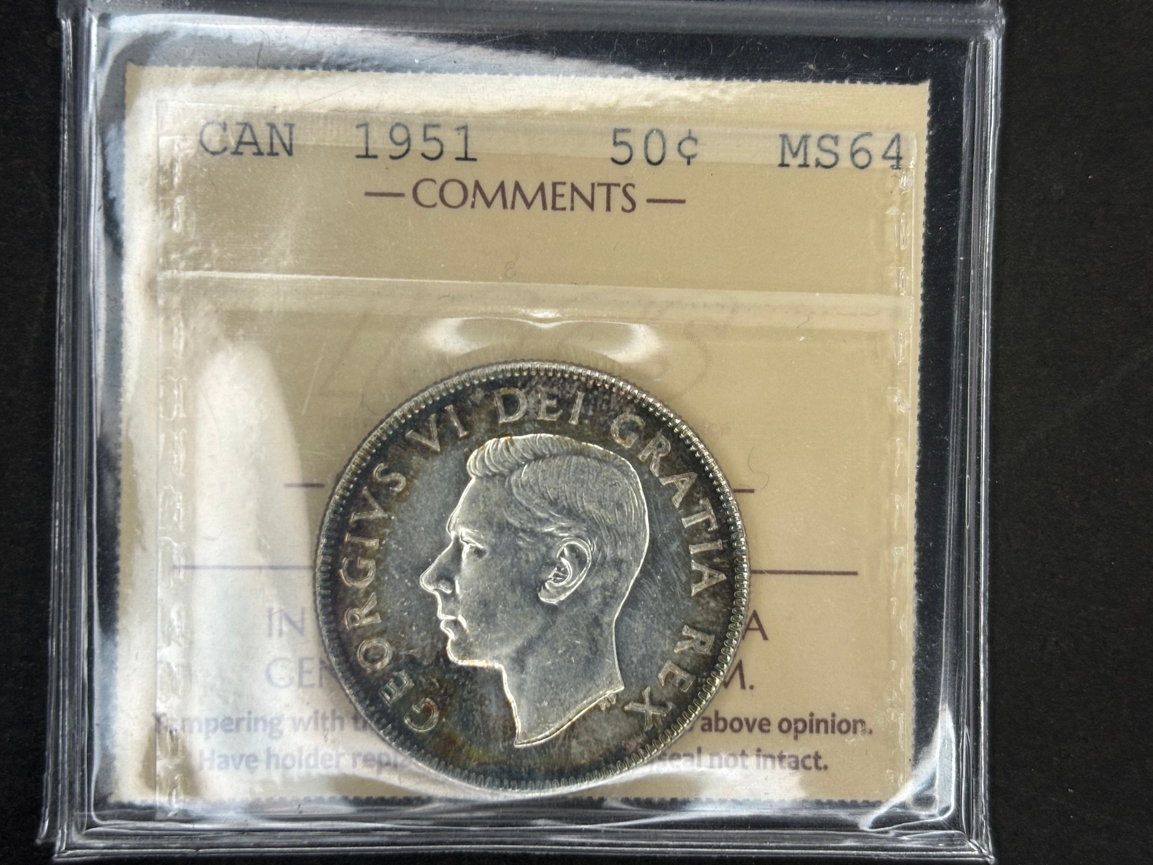 Pièce de monnaie en argent du Canada - 50 cents - 1951 / ICCS MS64