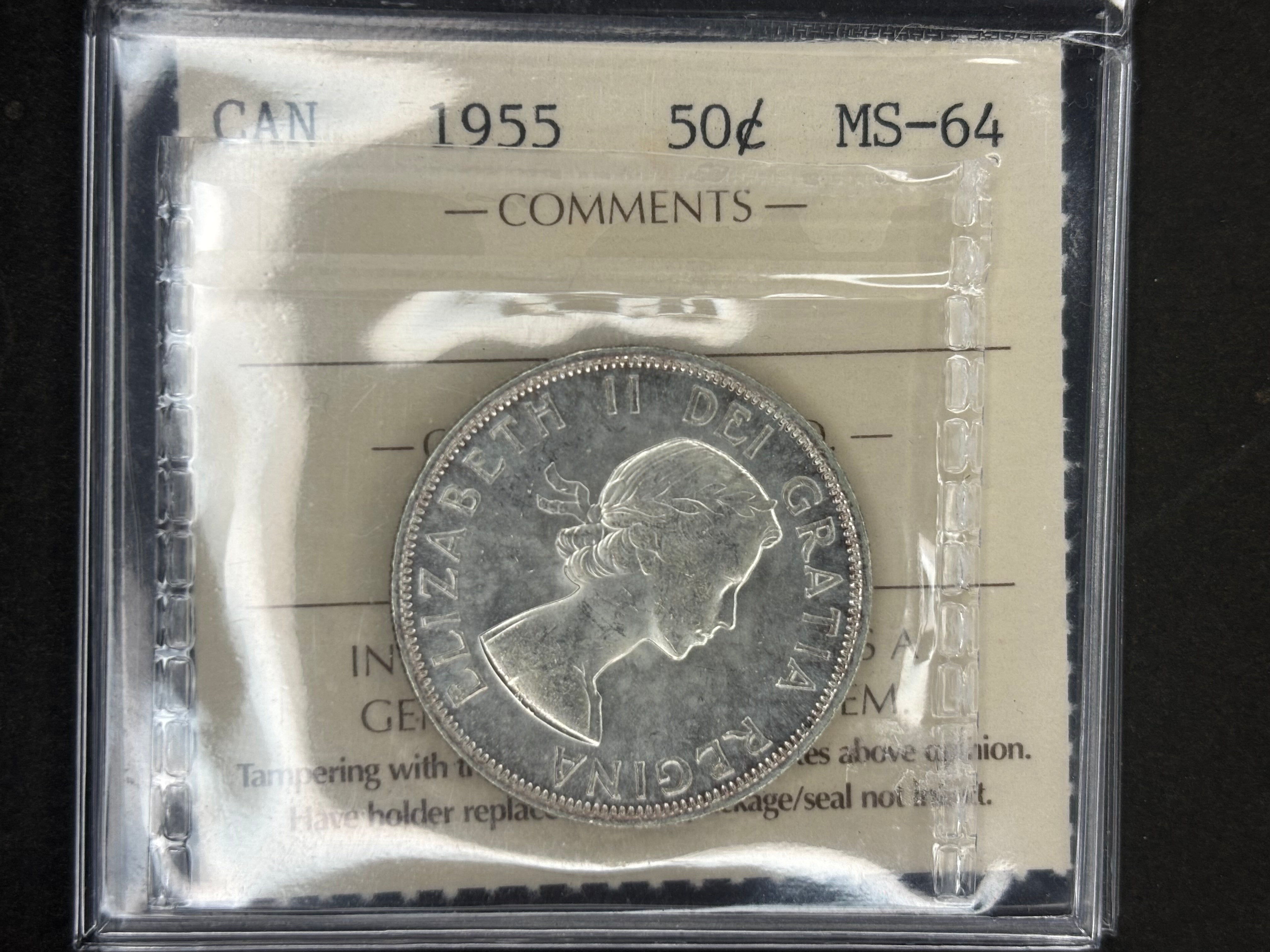 Pièce de monnaie en argent du Canada - 50 cents - 1955 / ICCS MS64