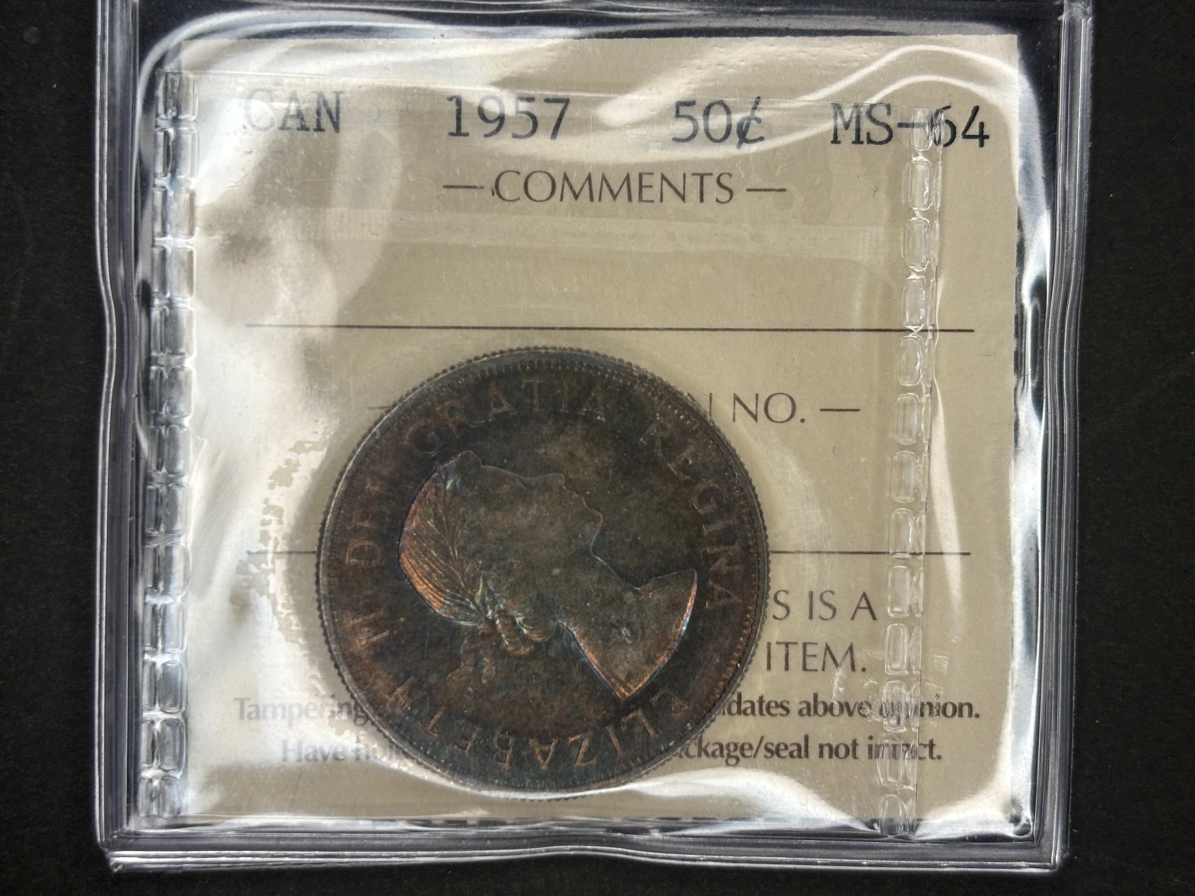 Canada Silver Coin - 50 cents - 1957 Toned / ICCS MS64