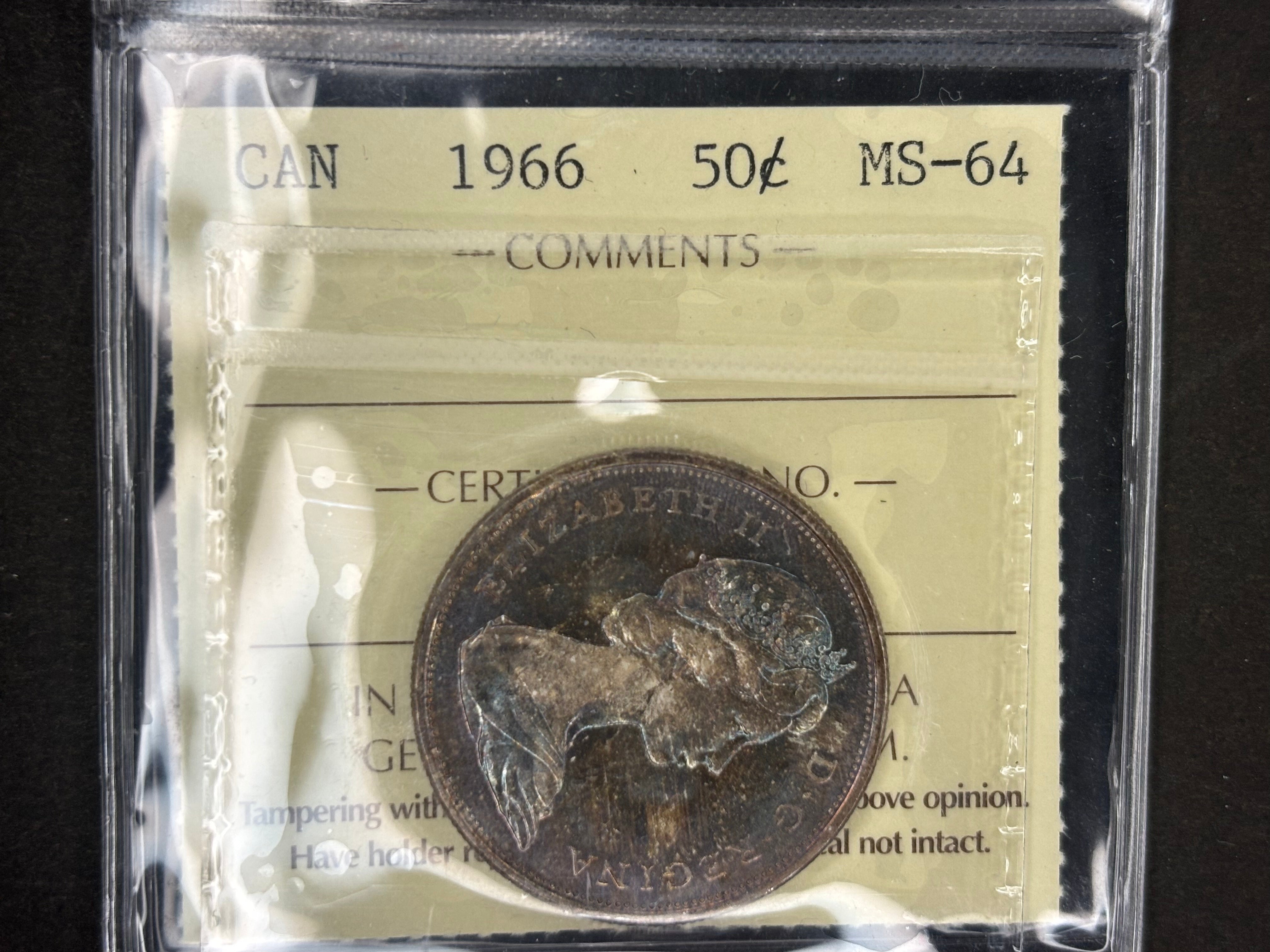 Canada Silver Coin - 50 cents - 1966 Toned / ICCS MS64