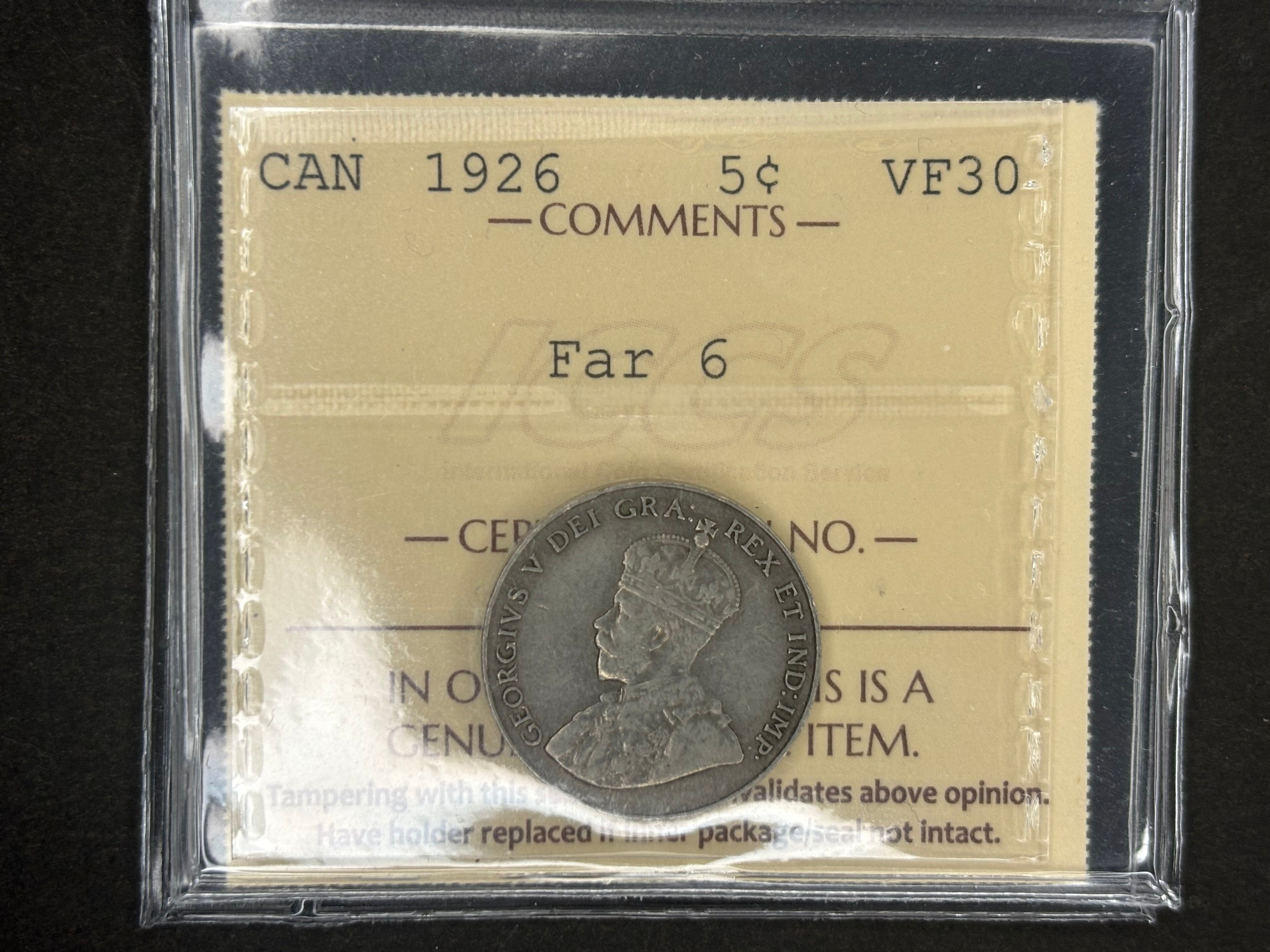 Pièce de 5 cents du Canada - 1926 ICCS VF30