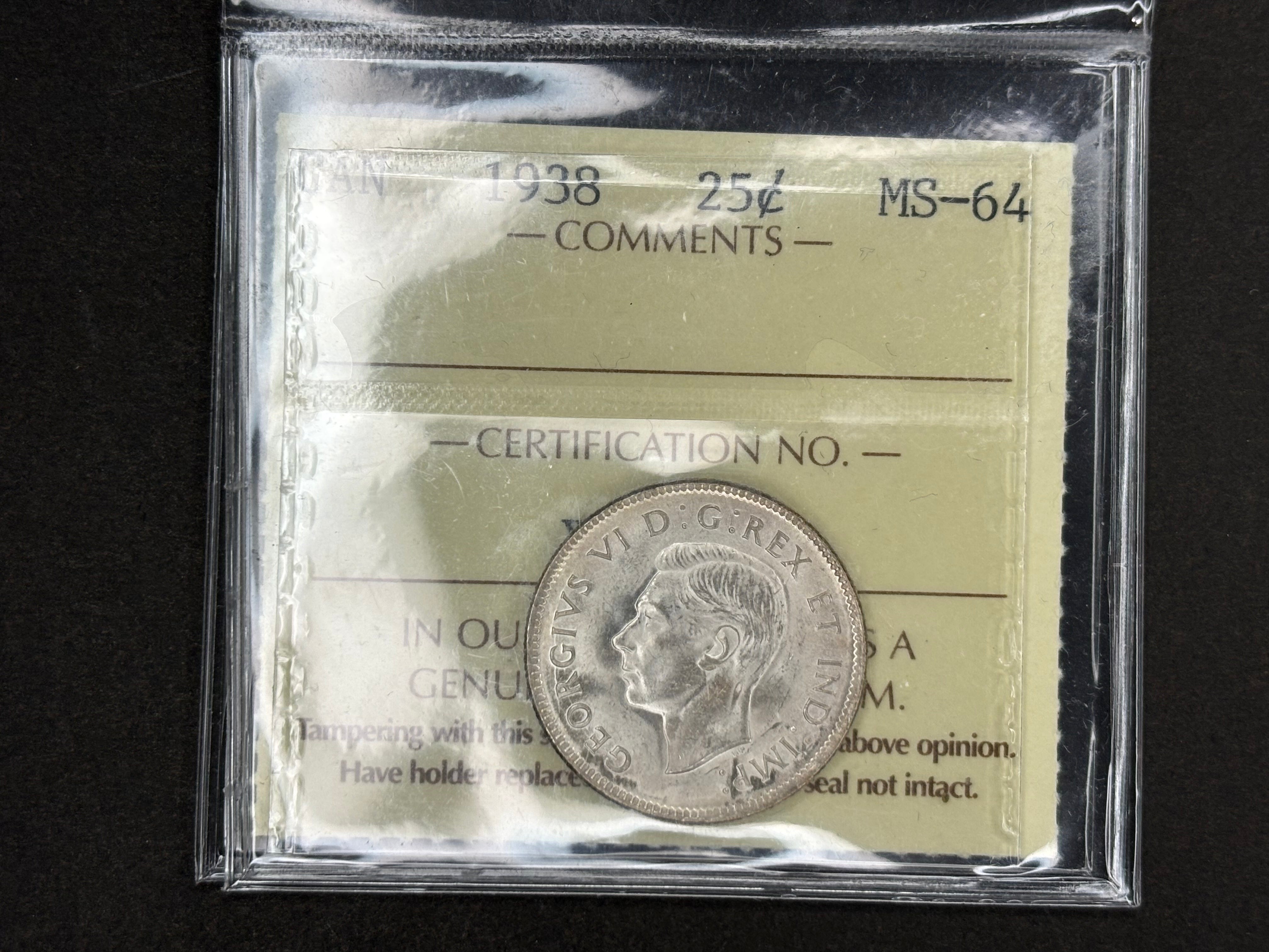 Canadian Silver coin - 25 cents - 1938 MS64