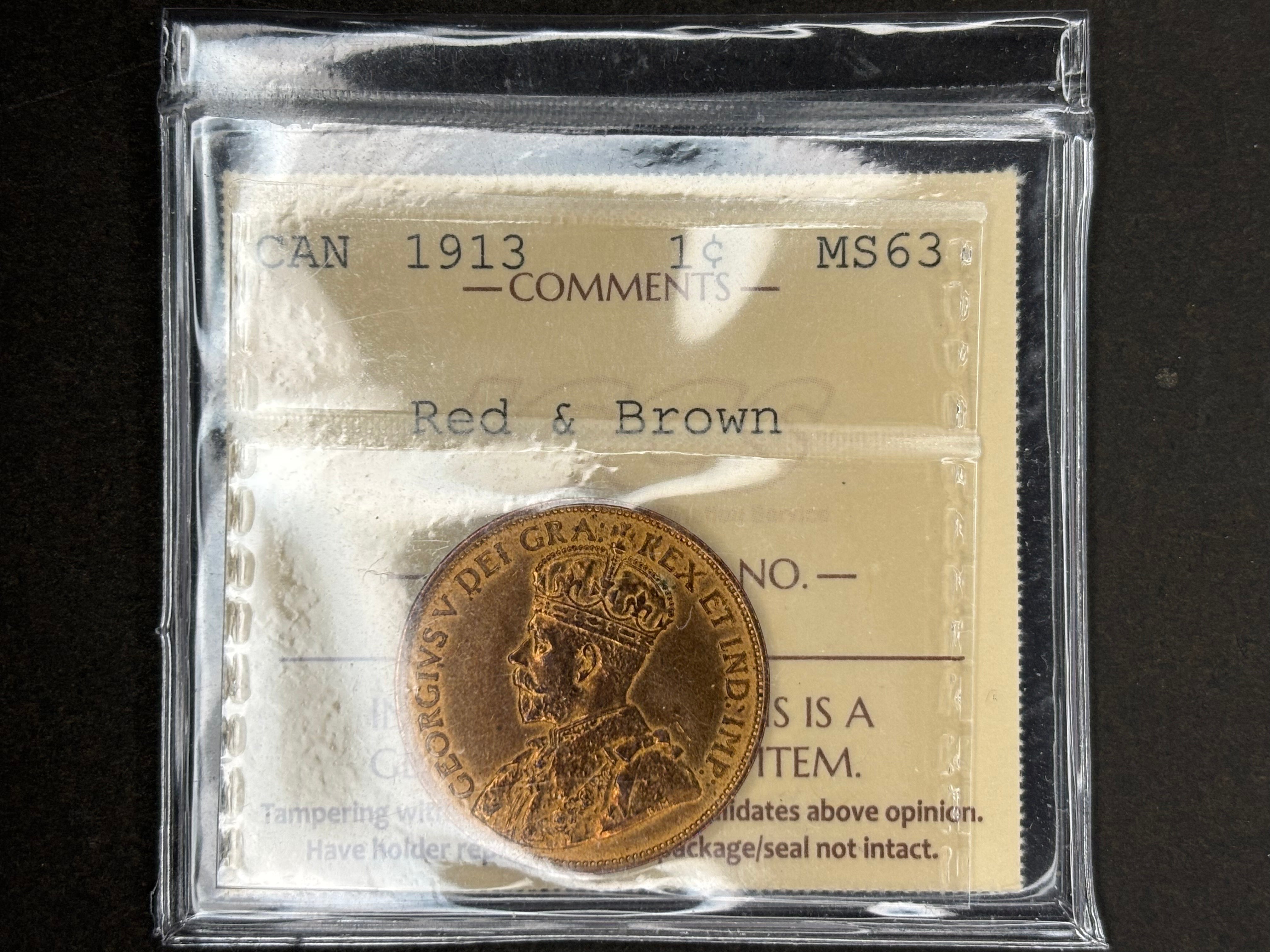 Canadian Coin - Penny - 1913 Red & Brown - ICCS MS63