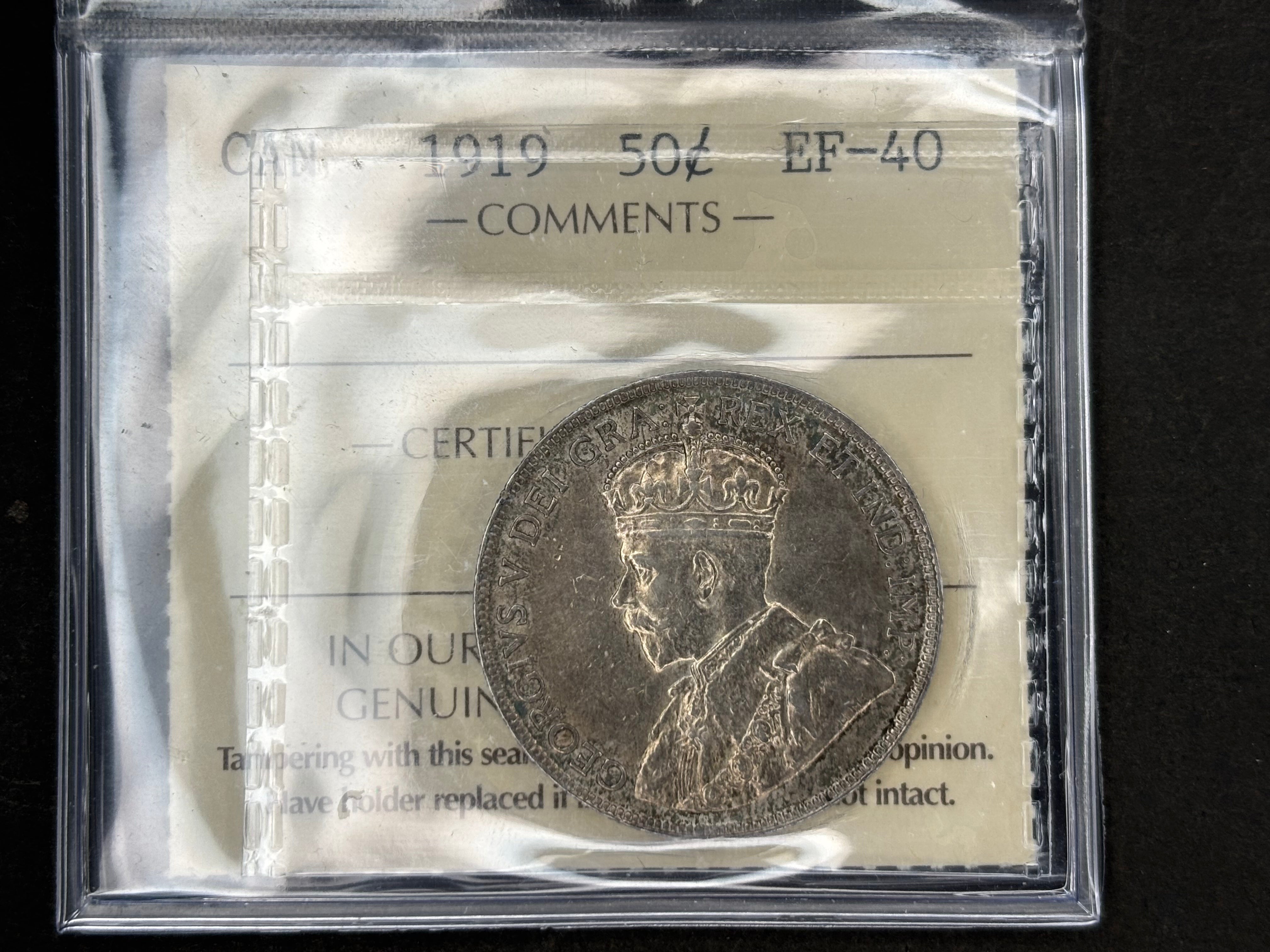 Canada Silver Coin - 50 cents - 1919 / ICCS EF40