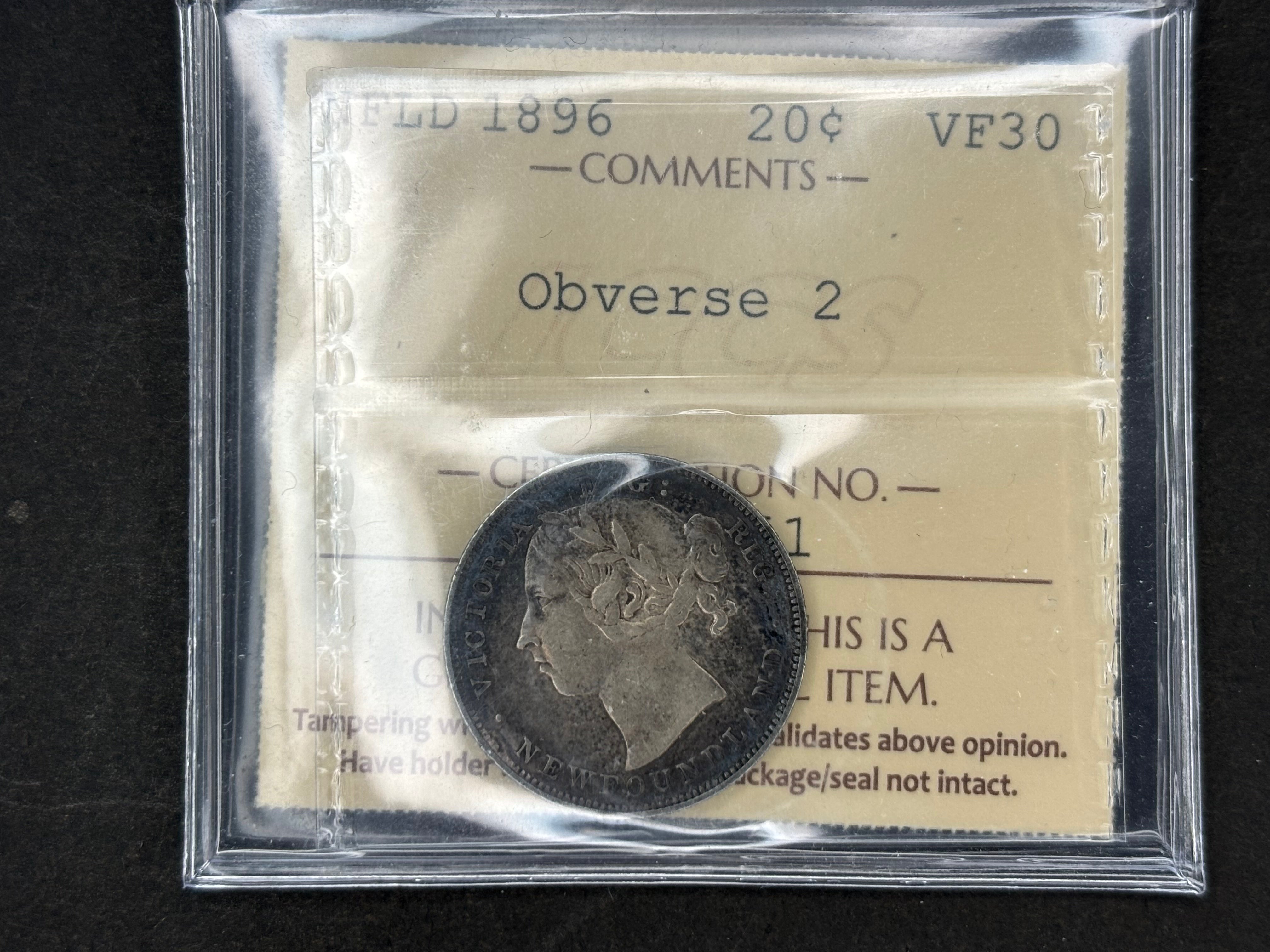 Canadian Silver Coin - NFLD 20 Cents - 1896 obv 2 - VF30 ICCS