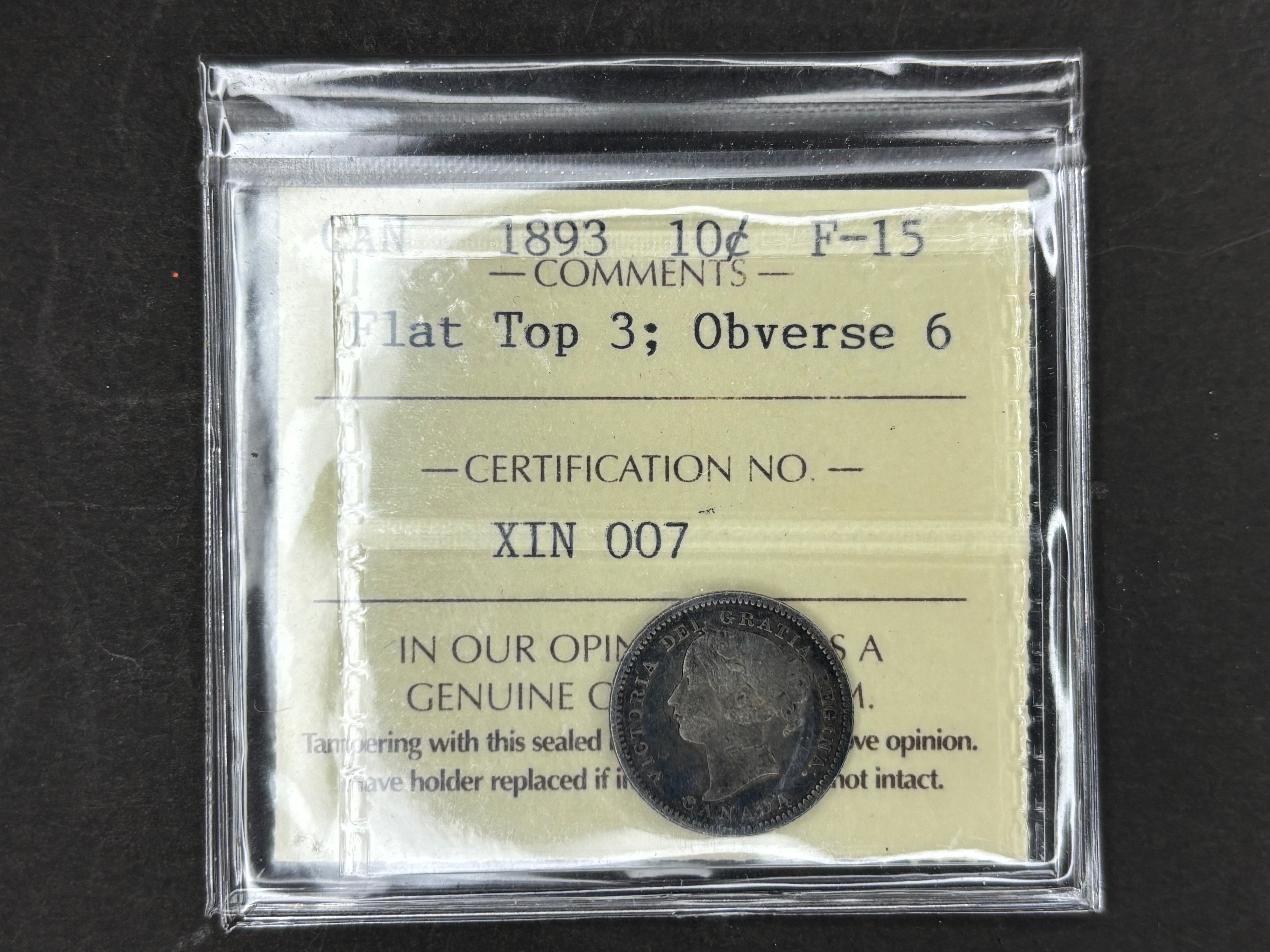 Canadian Silver Coin - 10 cents - 1893 FT3 Obv6 - F15 ICCS