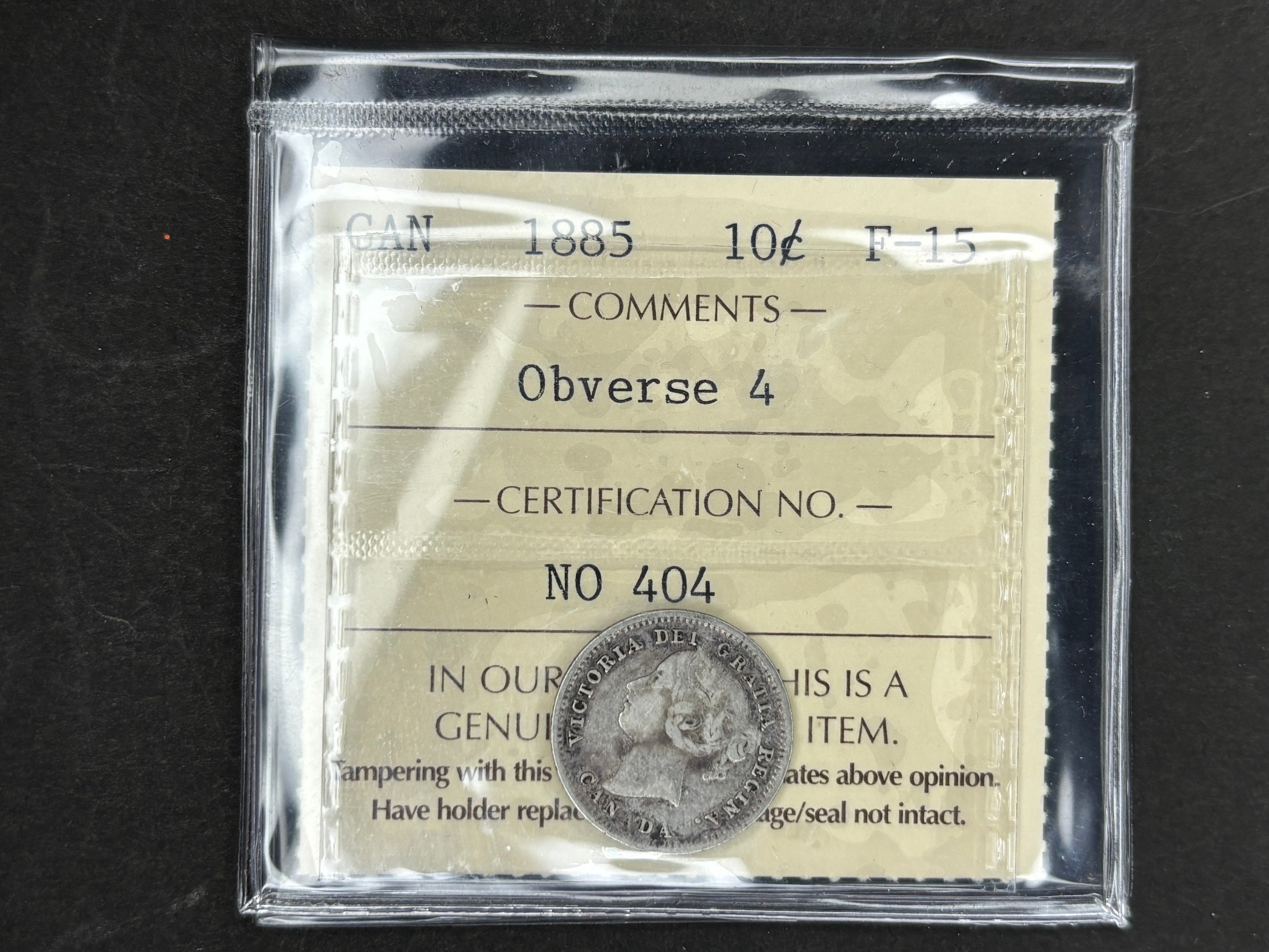 Canadian Silver Coin - 10 cents - 1885 Obv 4 - F15 ICCS