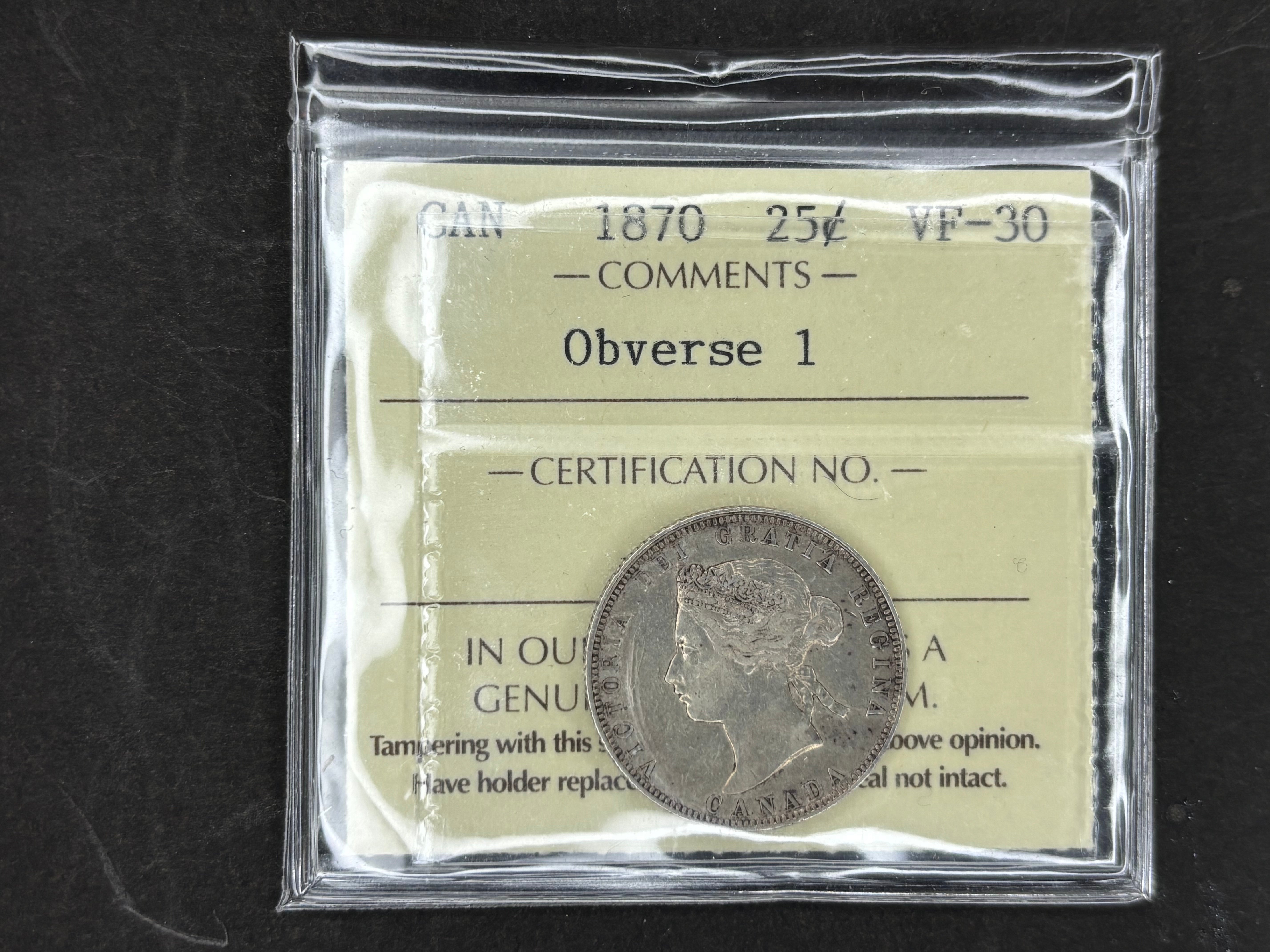 Canadian Silver Coin - 25 cents - 1870 Obv1 - VF30 ICCS