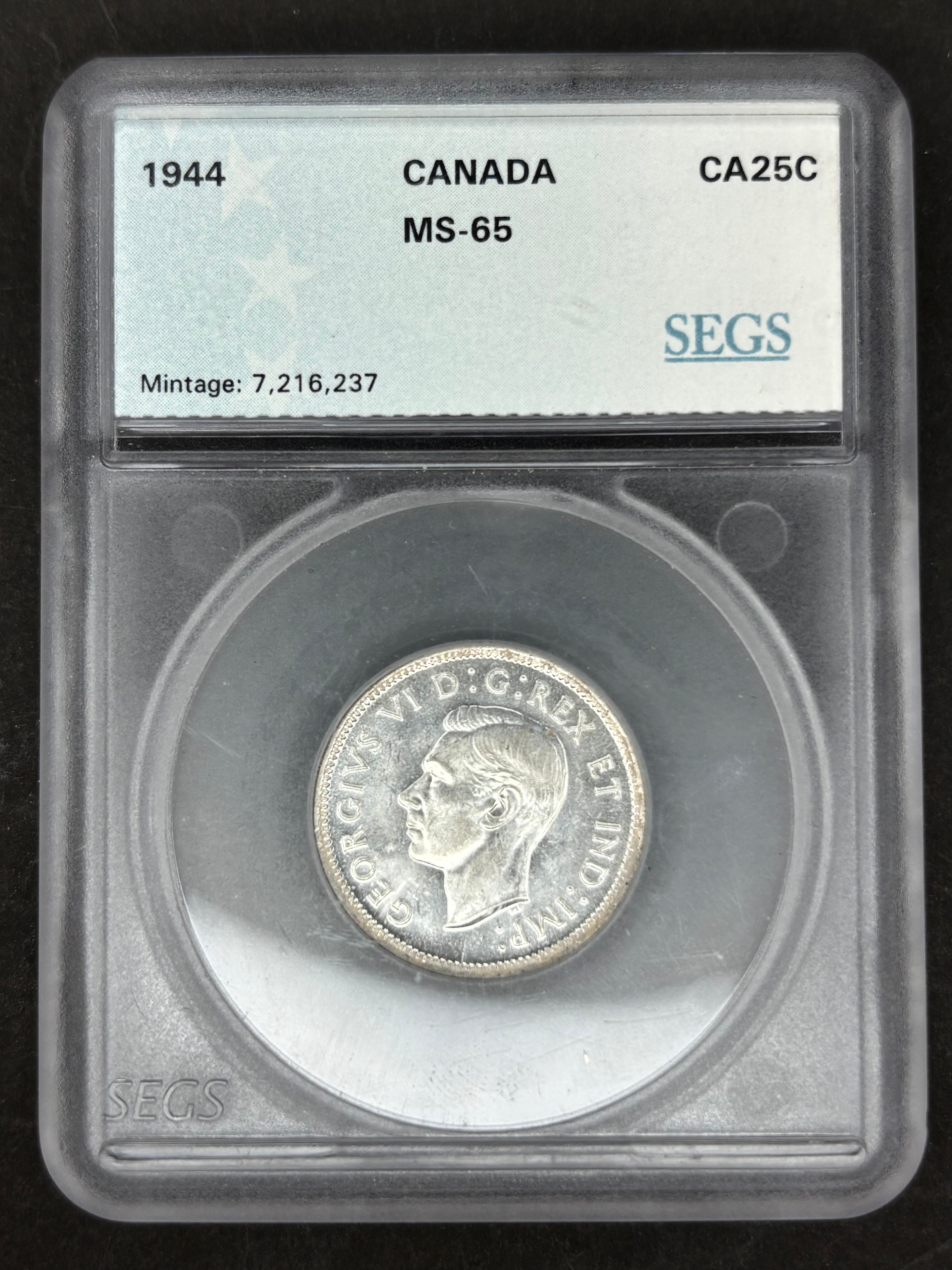 Canadian Silver Coin - 25 cents - 1944 - MS65 SEGS
