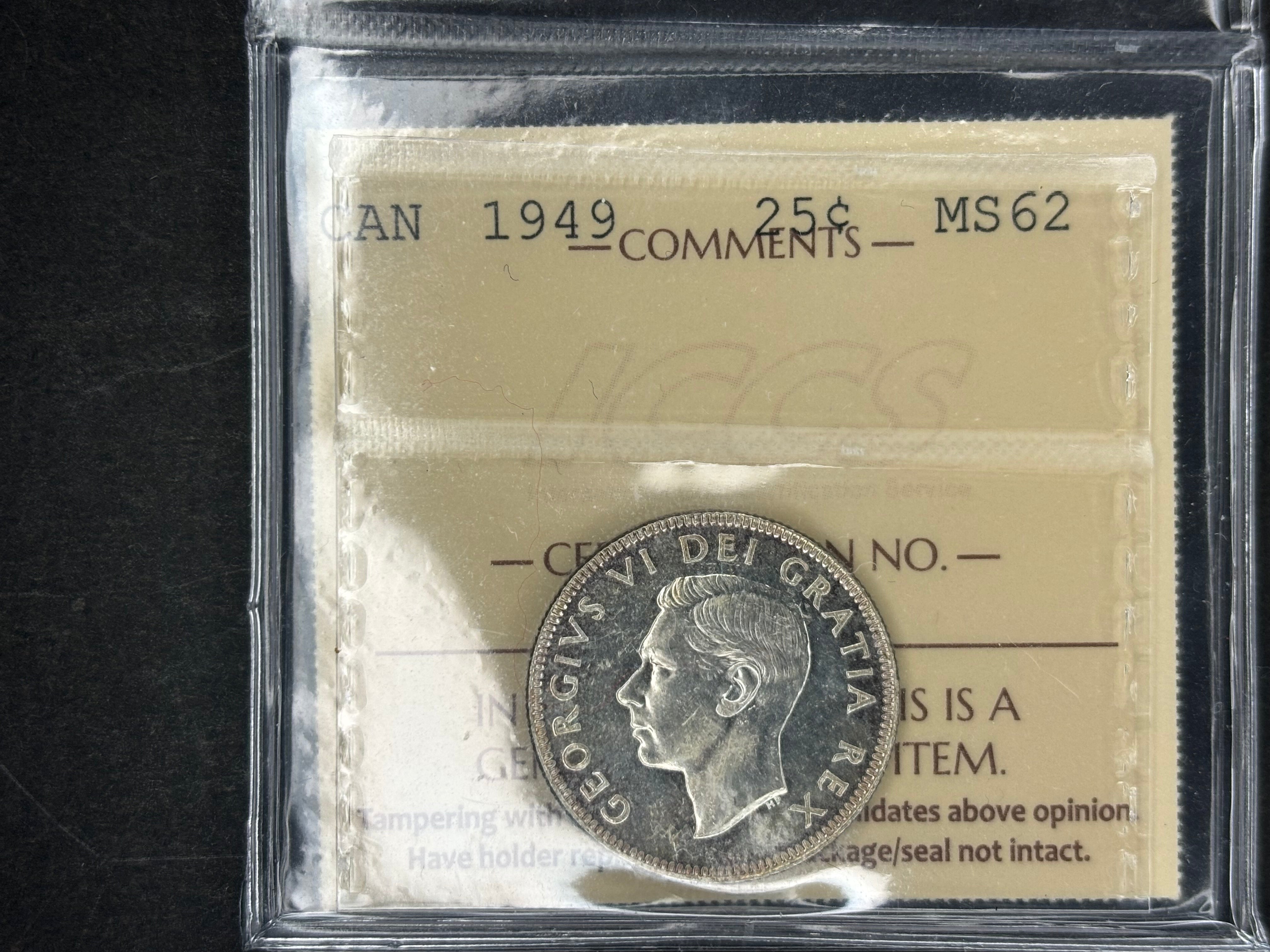 Canadian Silver Coin - 25 cents - 1949 - MS62 ICCS