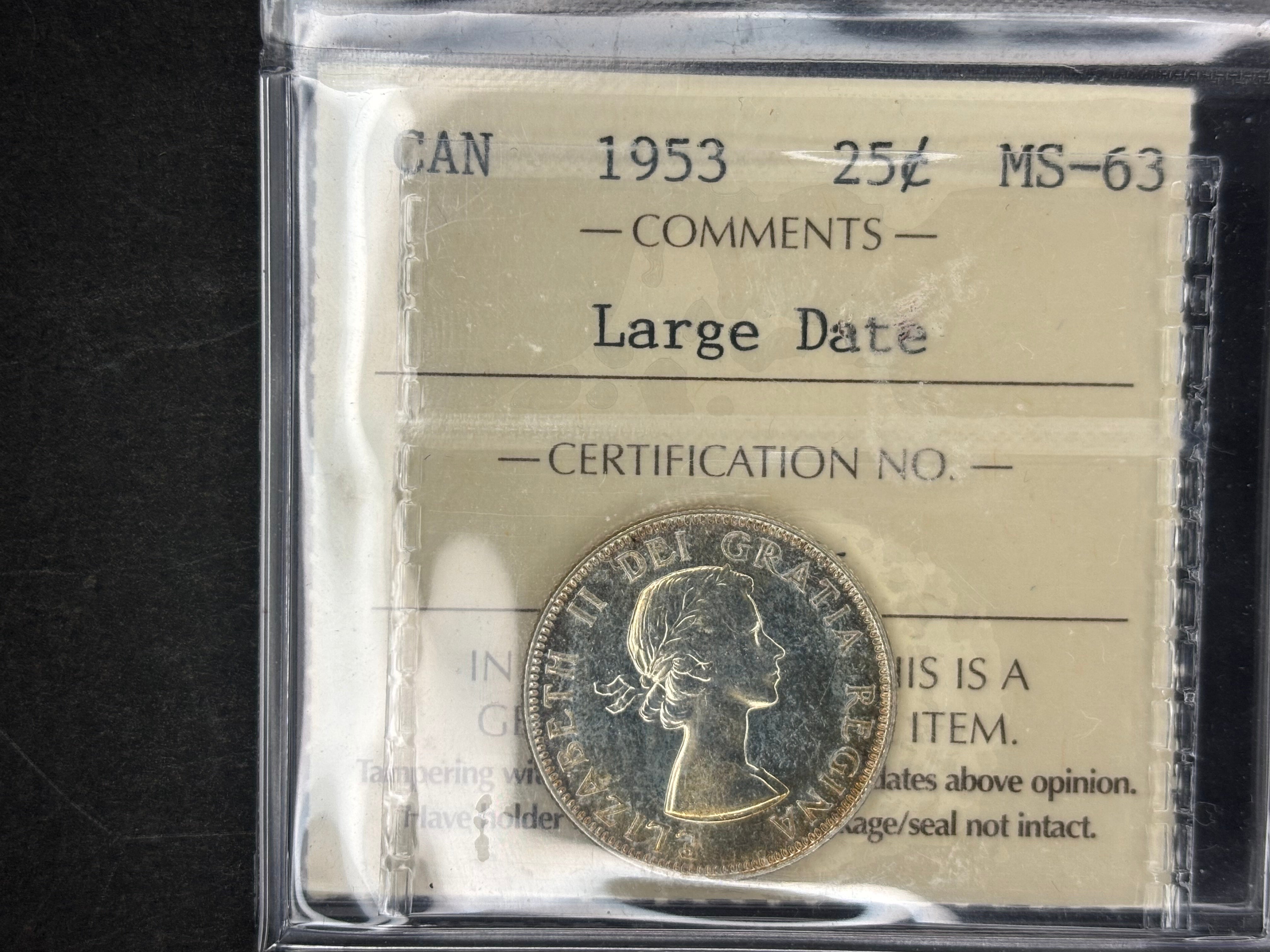 Canadian Silver Coin - 25 cents - 1953 LD - MS63 ICCS