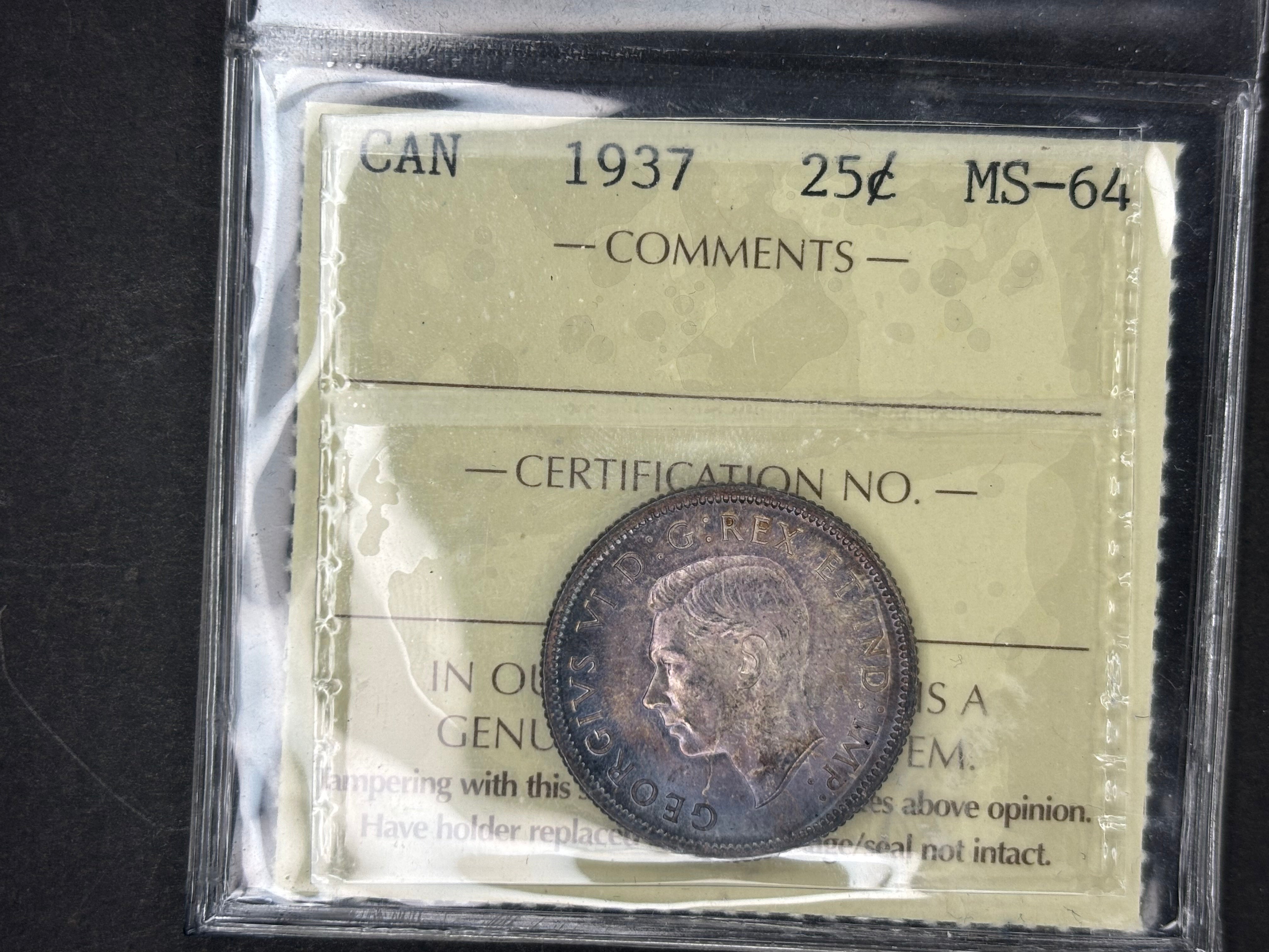 Canadian Silver Coin - 25 cents - 1937 Toned- MS64 ICCS