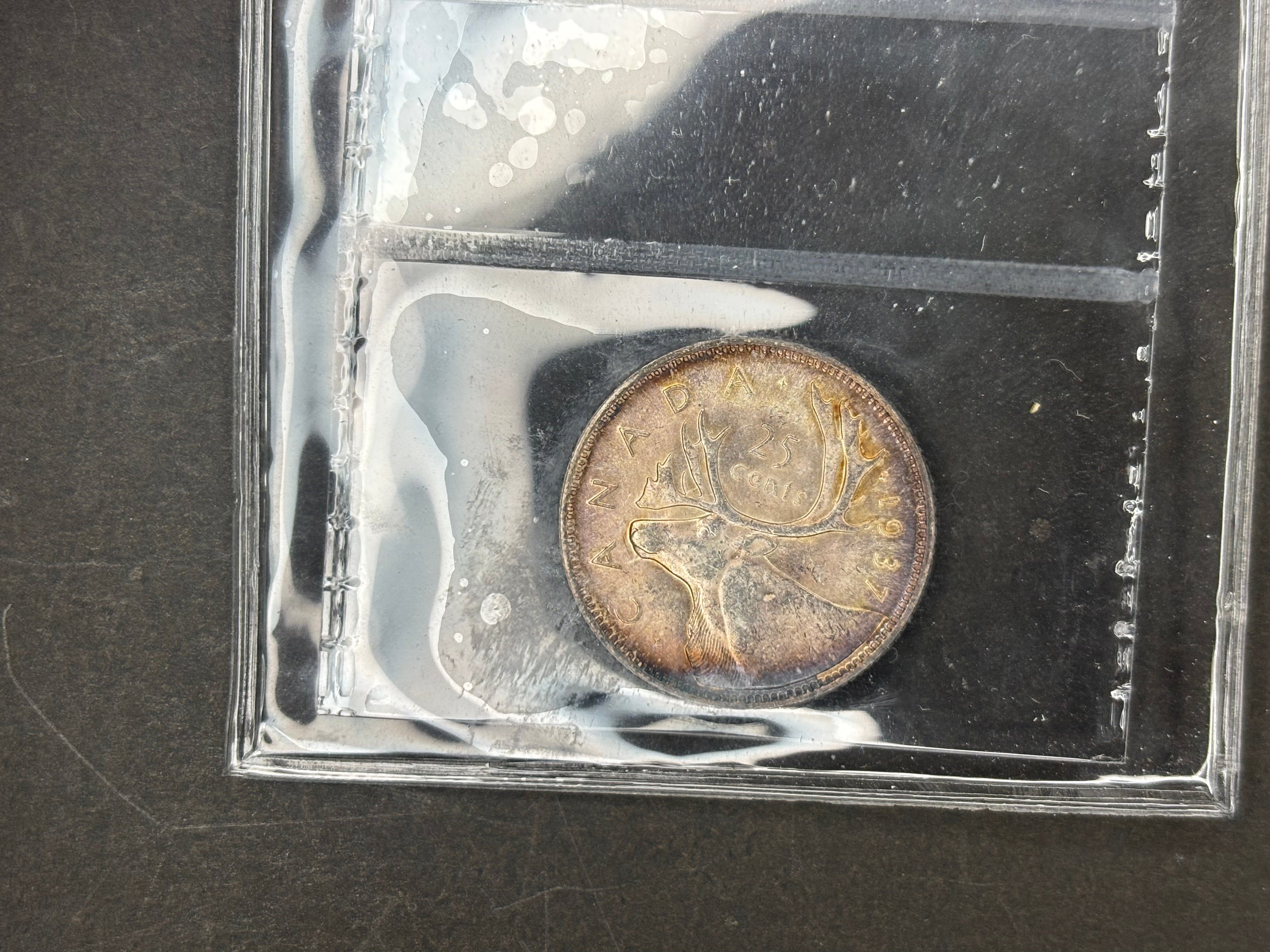 Canadian Silver Coin - 25 cents - 1937 Toned- MS64 ICCS