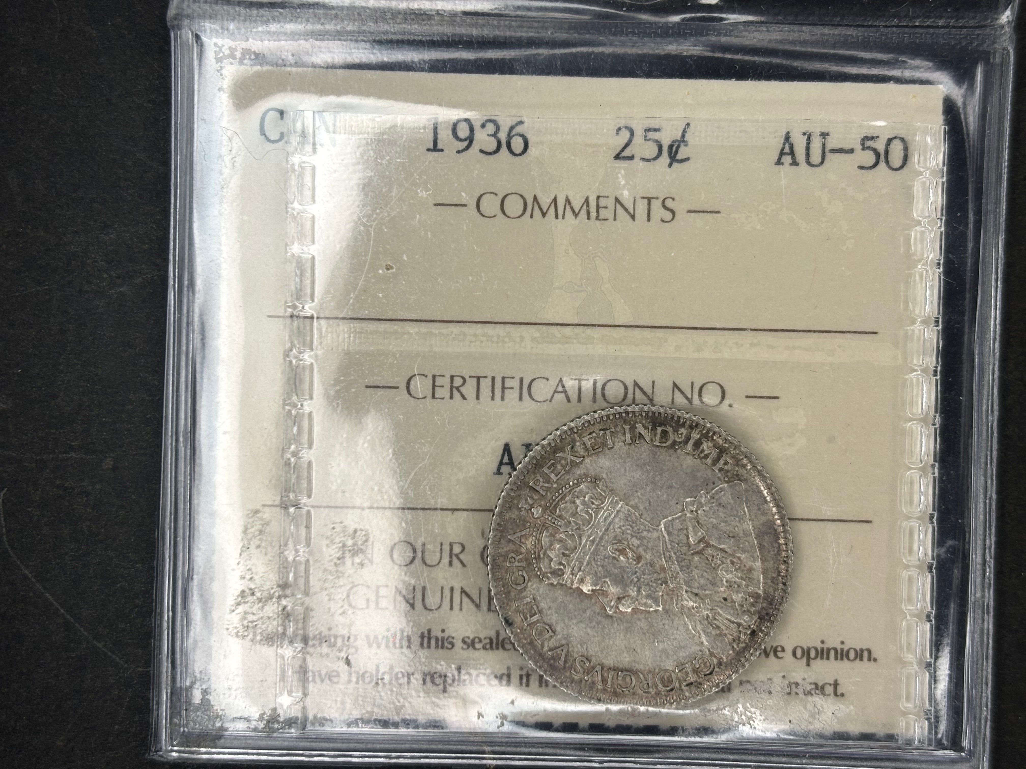 Canadian Silver Coin - 25 cents - 1936 - AU50 ICCS