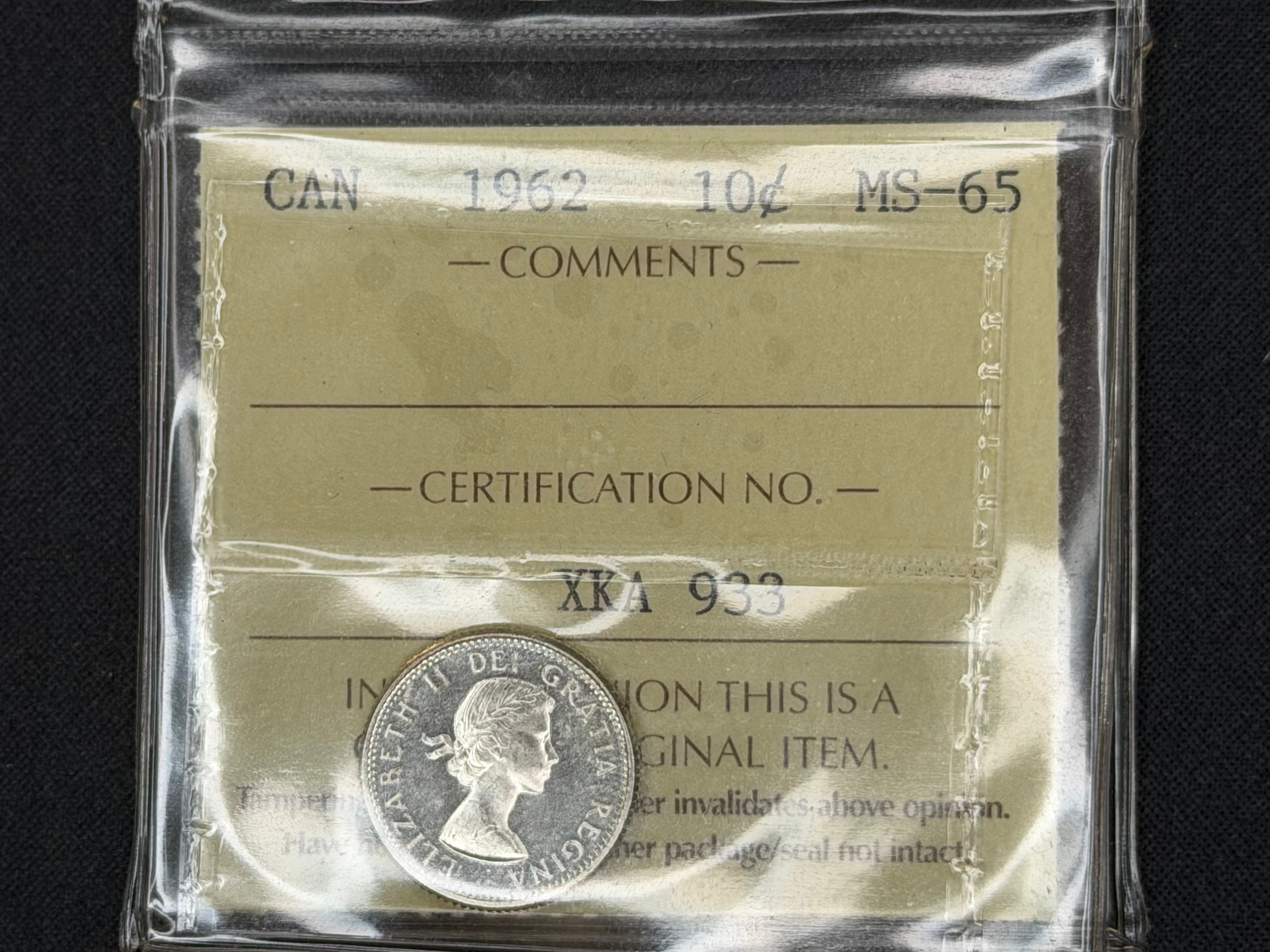 Canadian Silver Coin - 10 cents - 1962  - MS65 ICCS