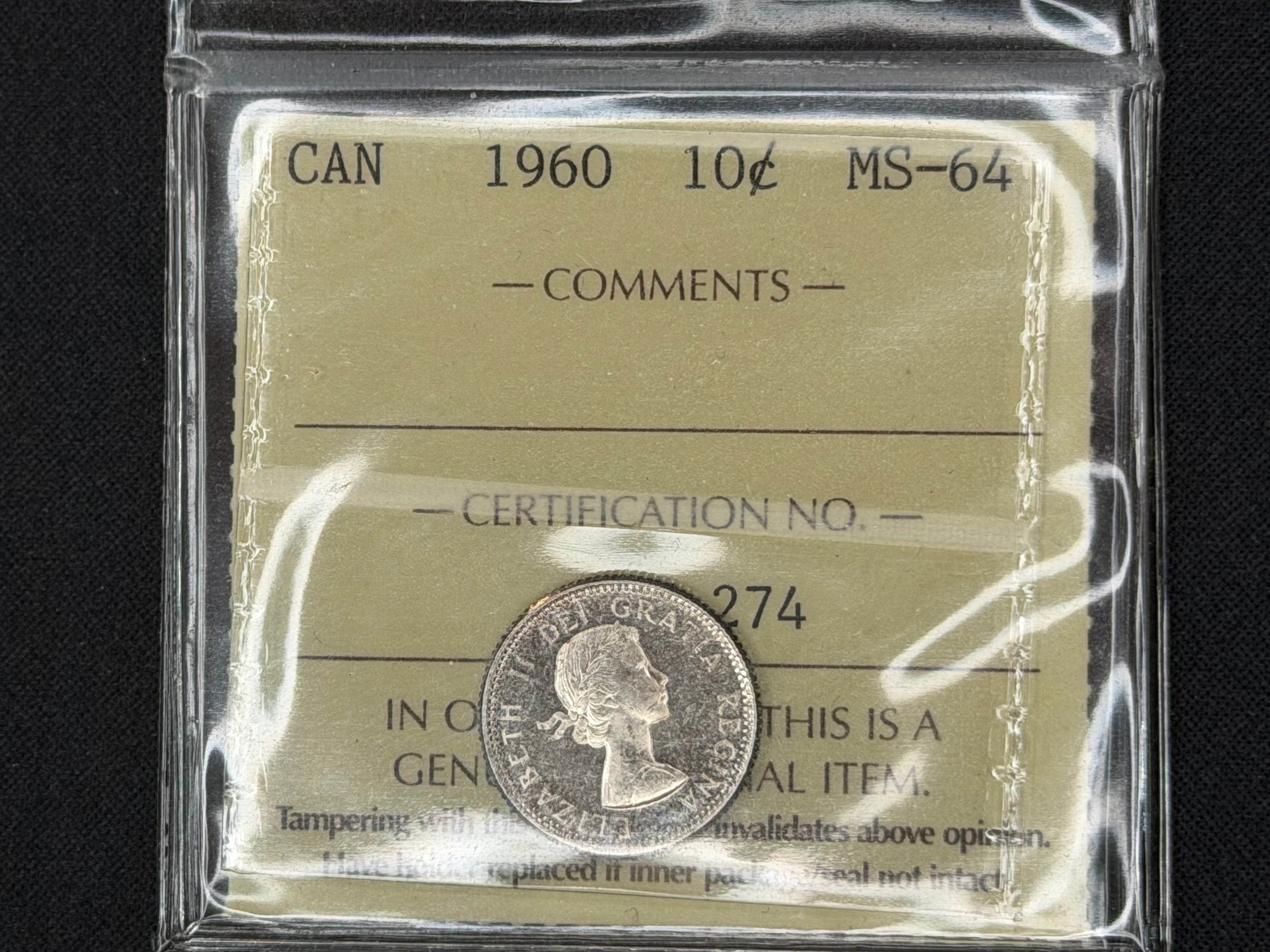 Canadian Silver Coin - 10 cents - 1960 - MS64 ICCS