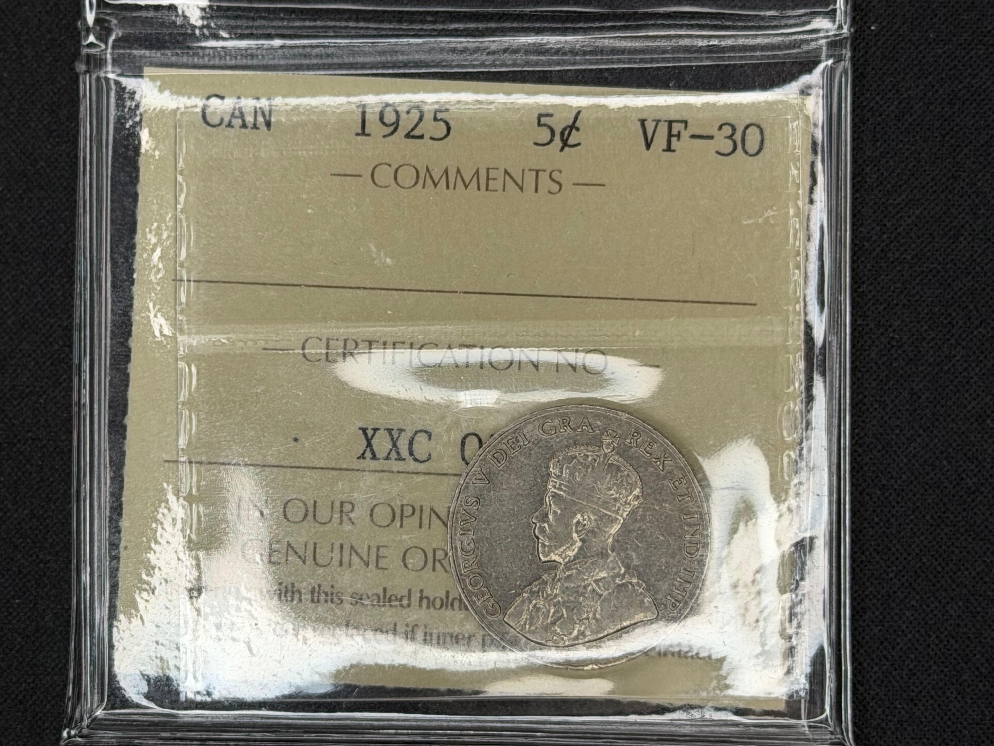 Canadian Nickel Coin - 5 cents - 1925 VF30 ICCS