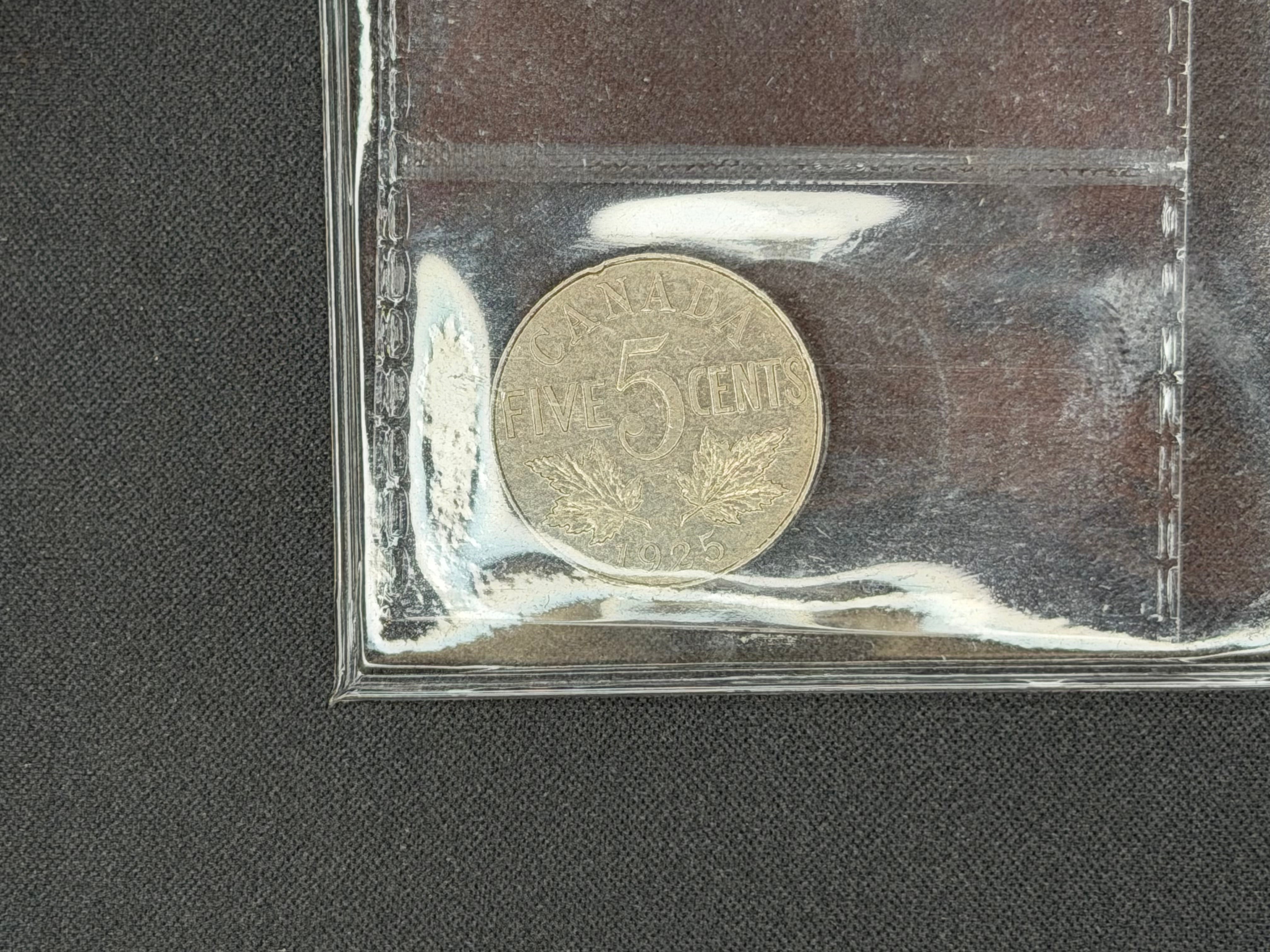 Canadian Nickel Coin - 5 cents - 1925 VF30 ICCS