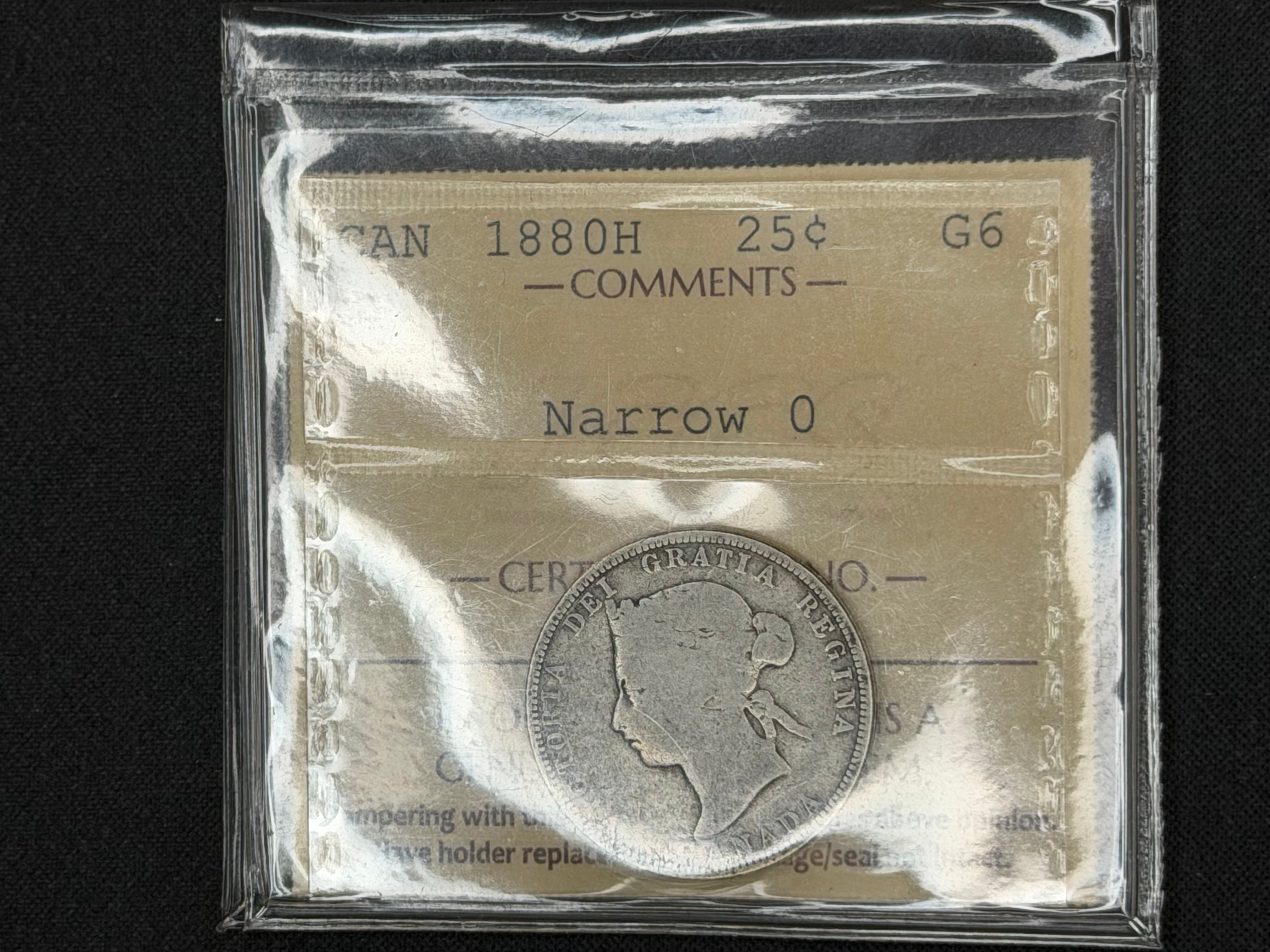 Canadian Silver Coin - 25 cents -1880H Narrow 0 - G6 ICCS