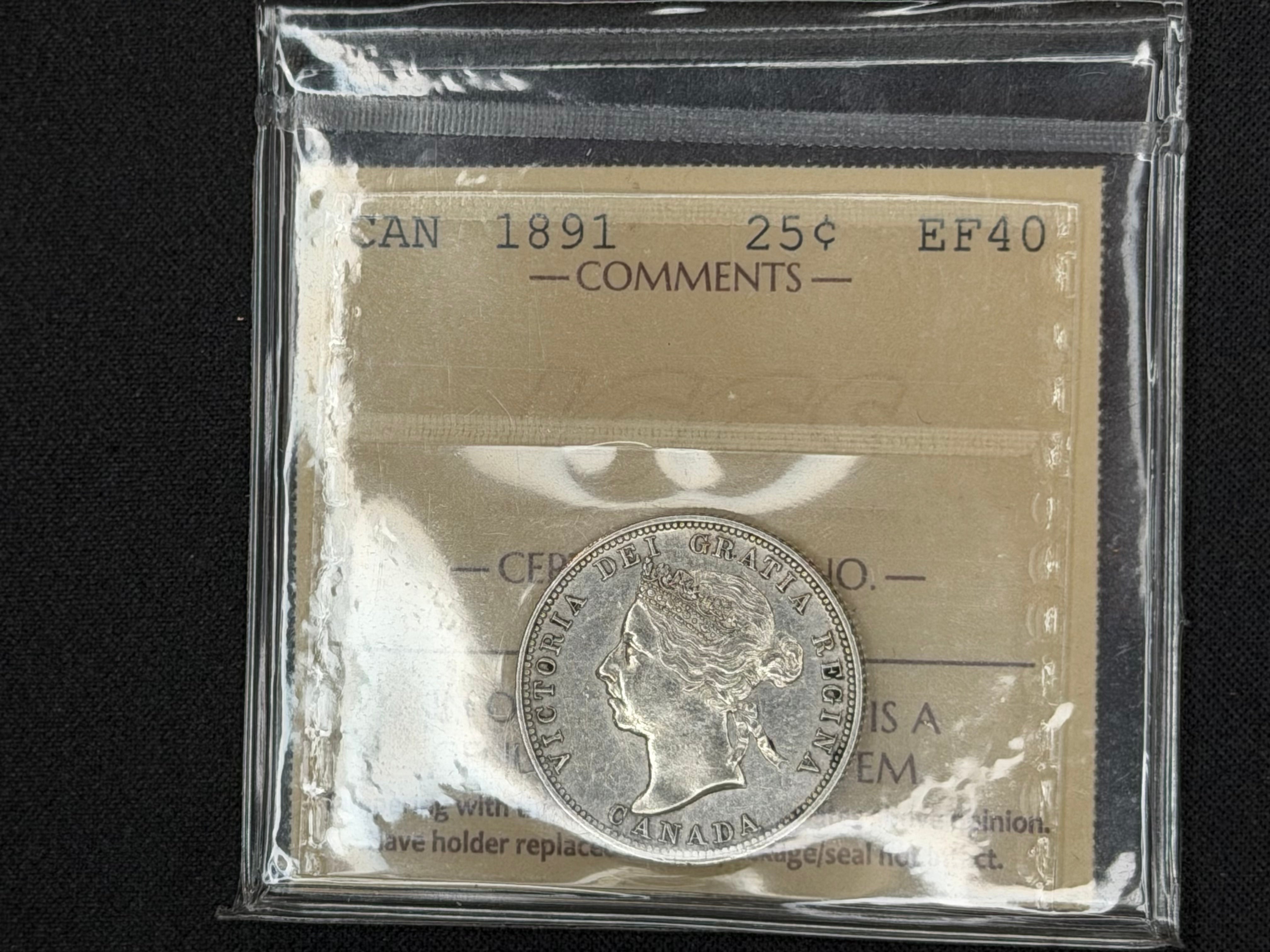 Key date Canadian Silver Coin - 25 cents -1891 - EF40 ICCS