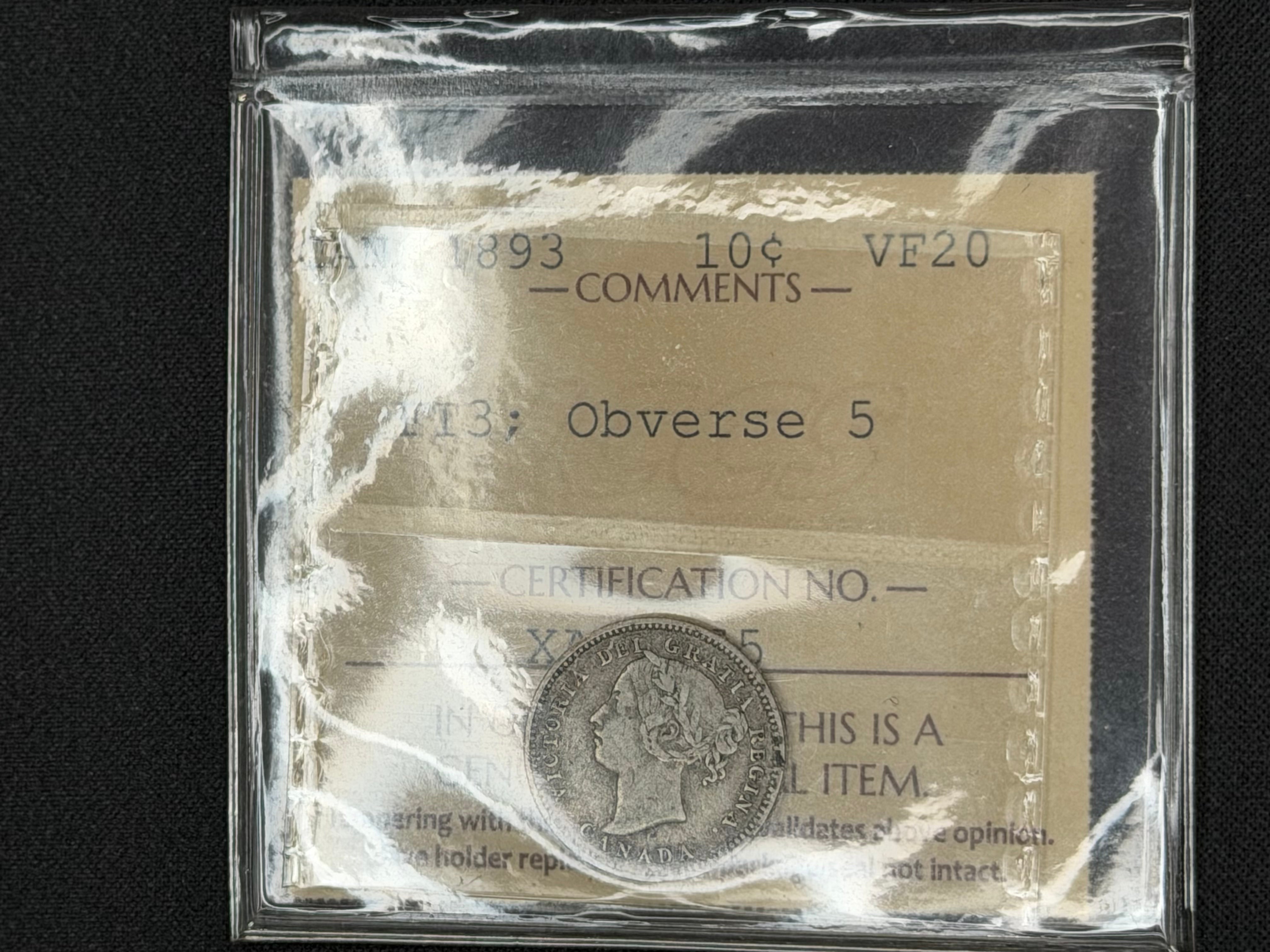 Canadian Silver Coin - 10 cents - 1893 FT3 Obv5 - VF20 ICCS