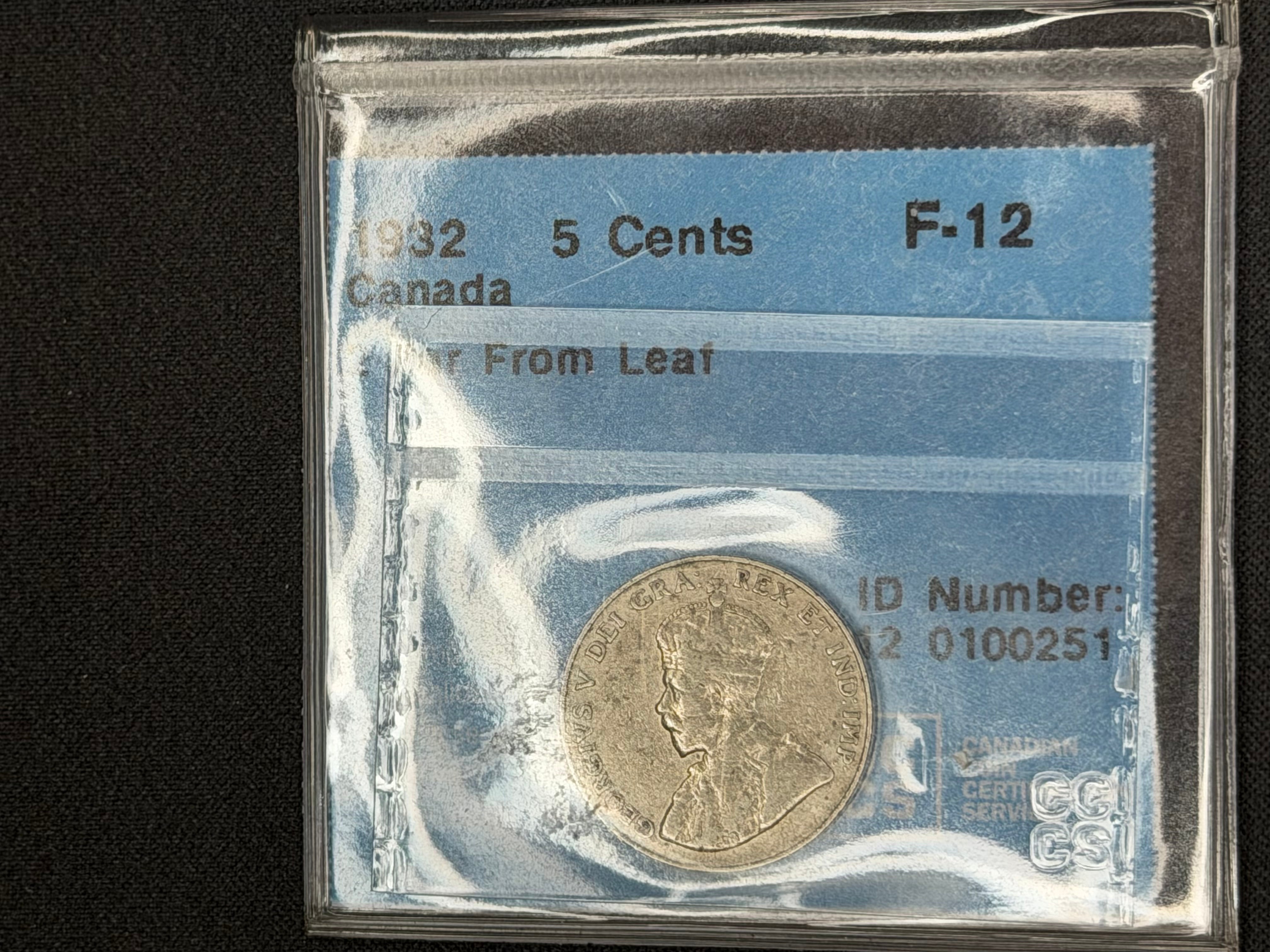 Key date Canadian Silver Coin - 5 cents -1932 Far - F12 CCCS