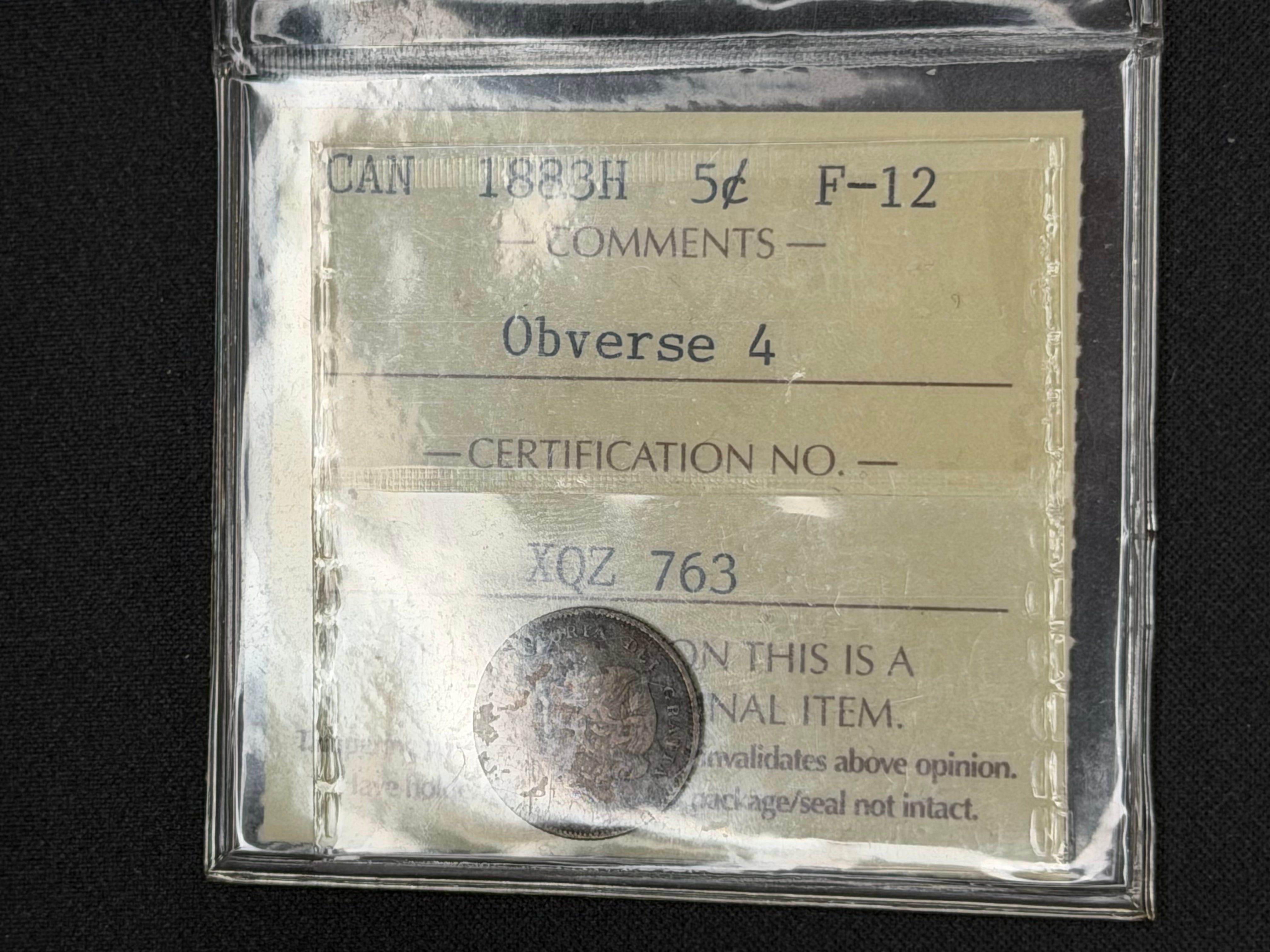 Canadian Silver Coin - 5 cents -1883H Obv4 - F12 ICCS