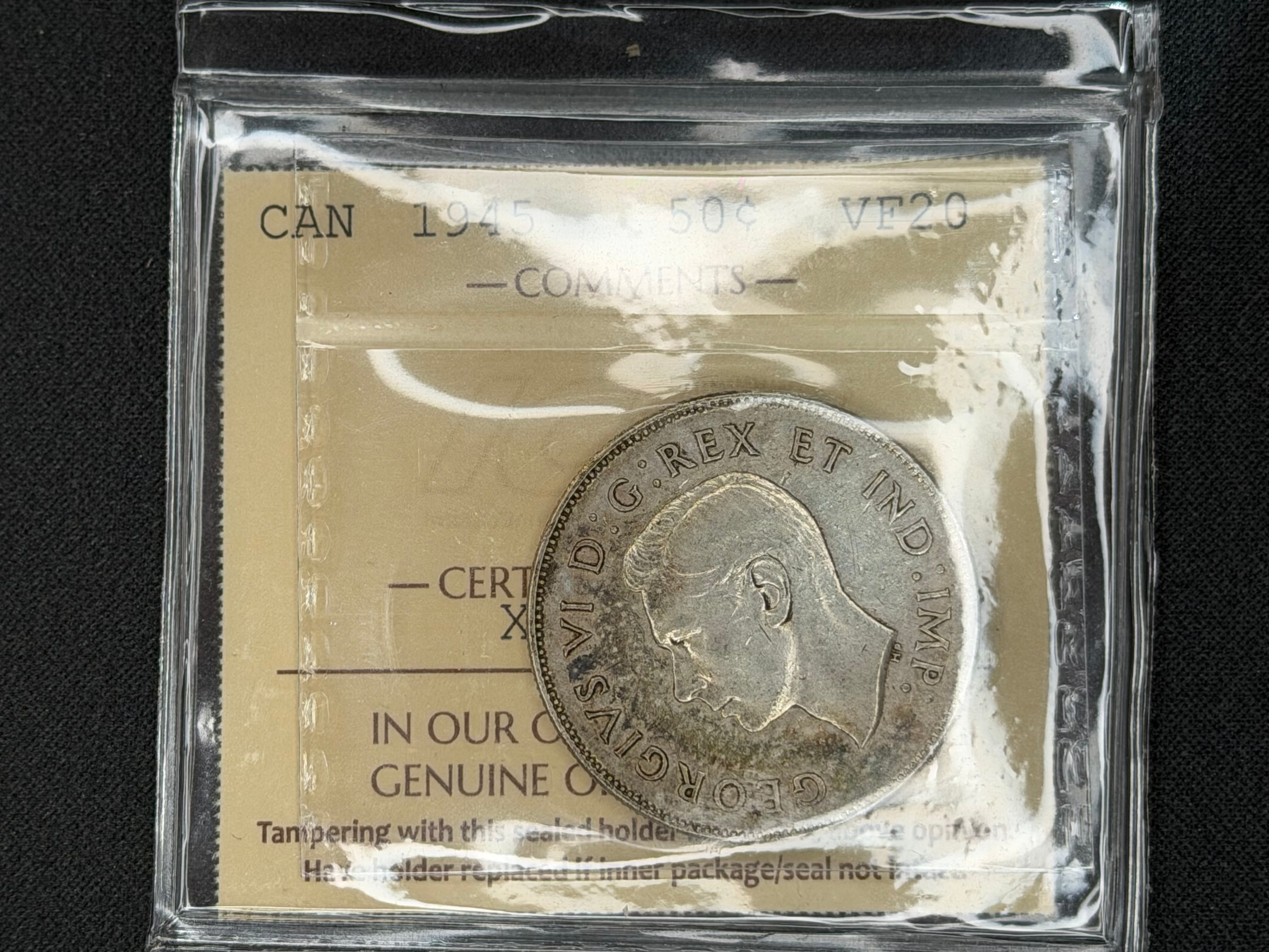 Canadian Silver Coin - 50 cents - 1945 VF20 ICCS