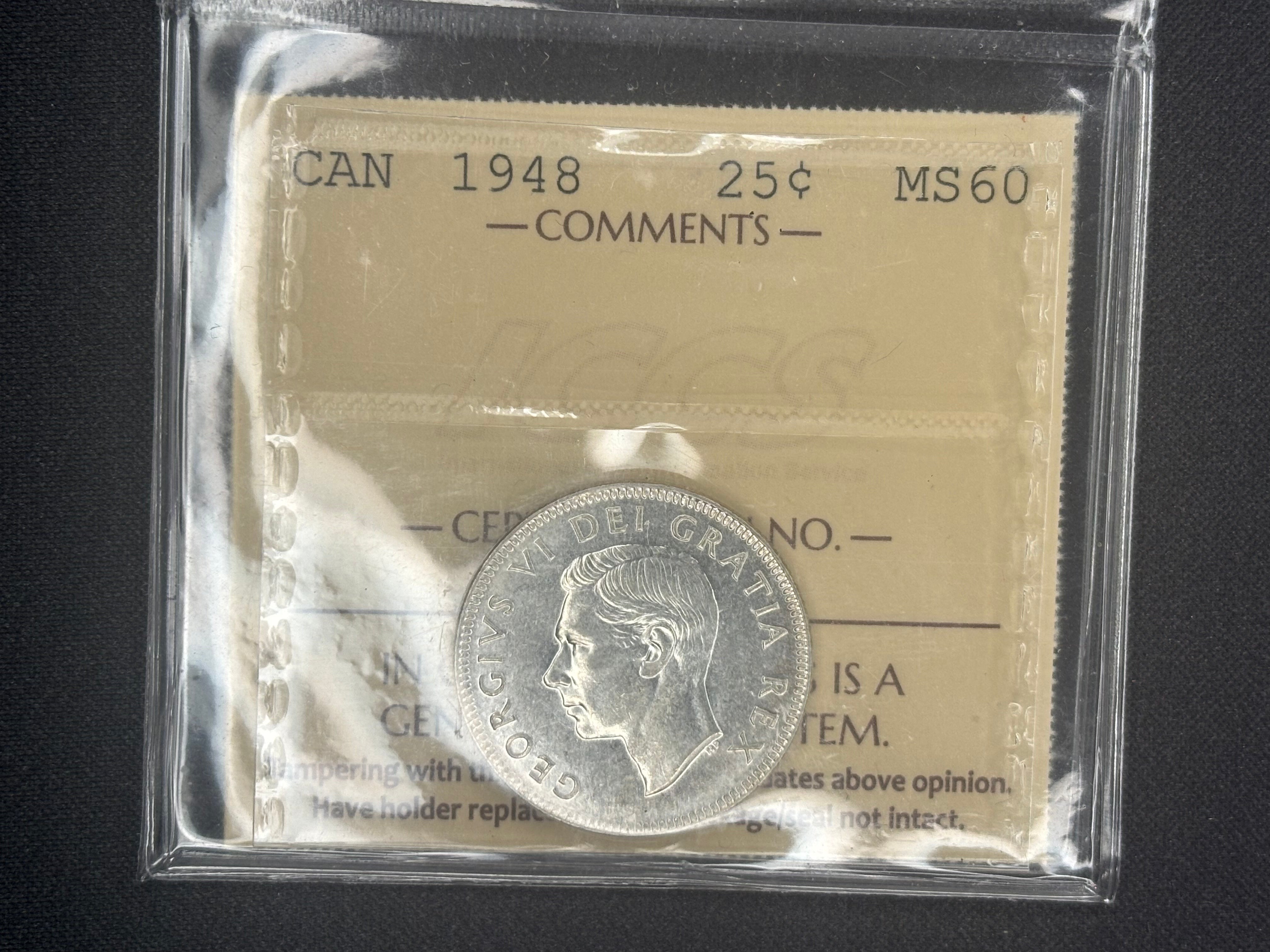Canadian Silver Coin - 25 cents - 1948 - MS60 ICCS