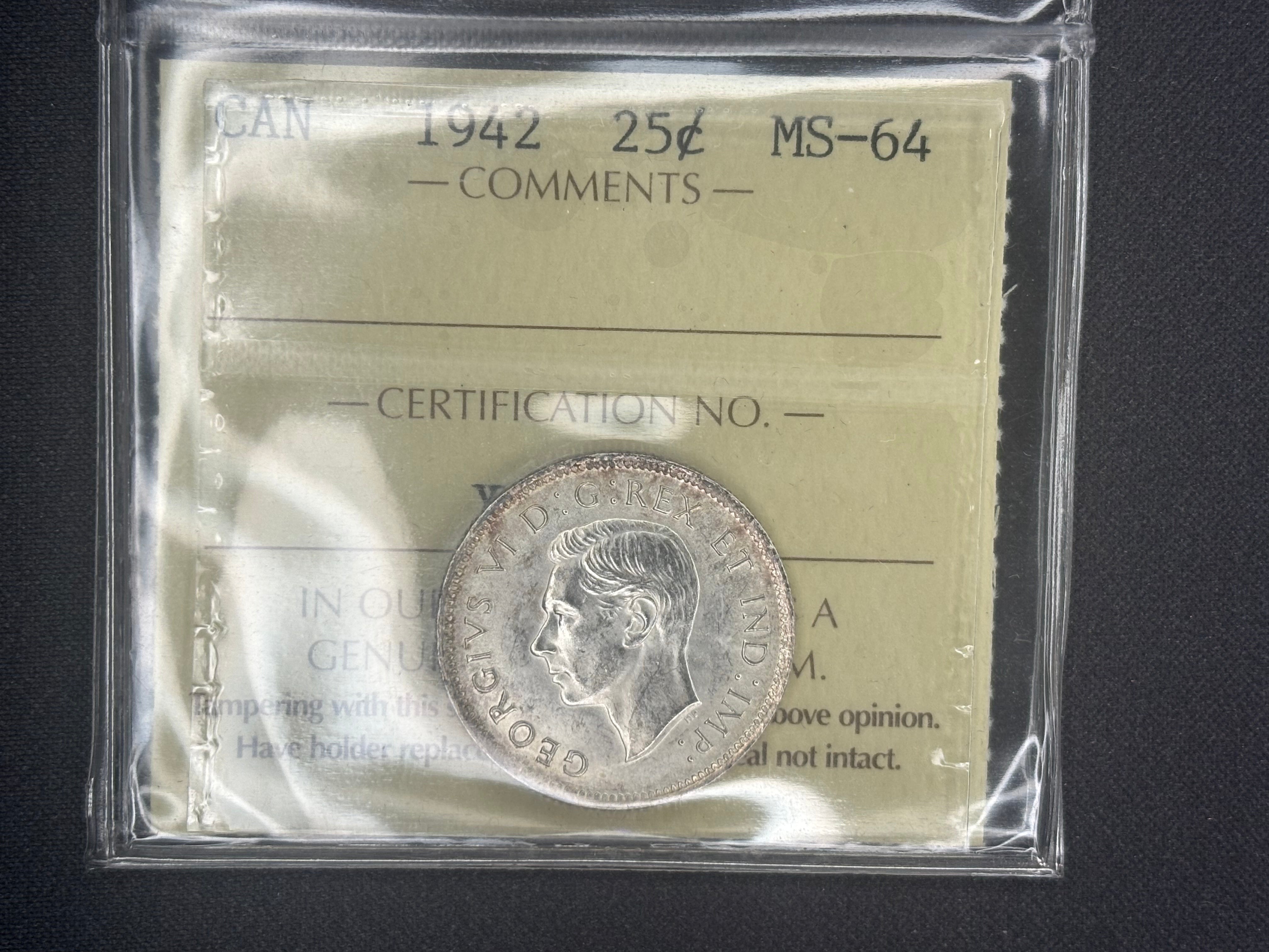 Canadian Silver Coin - 25 cents - 1942 - MS64 ICCS