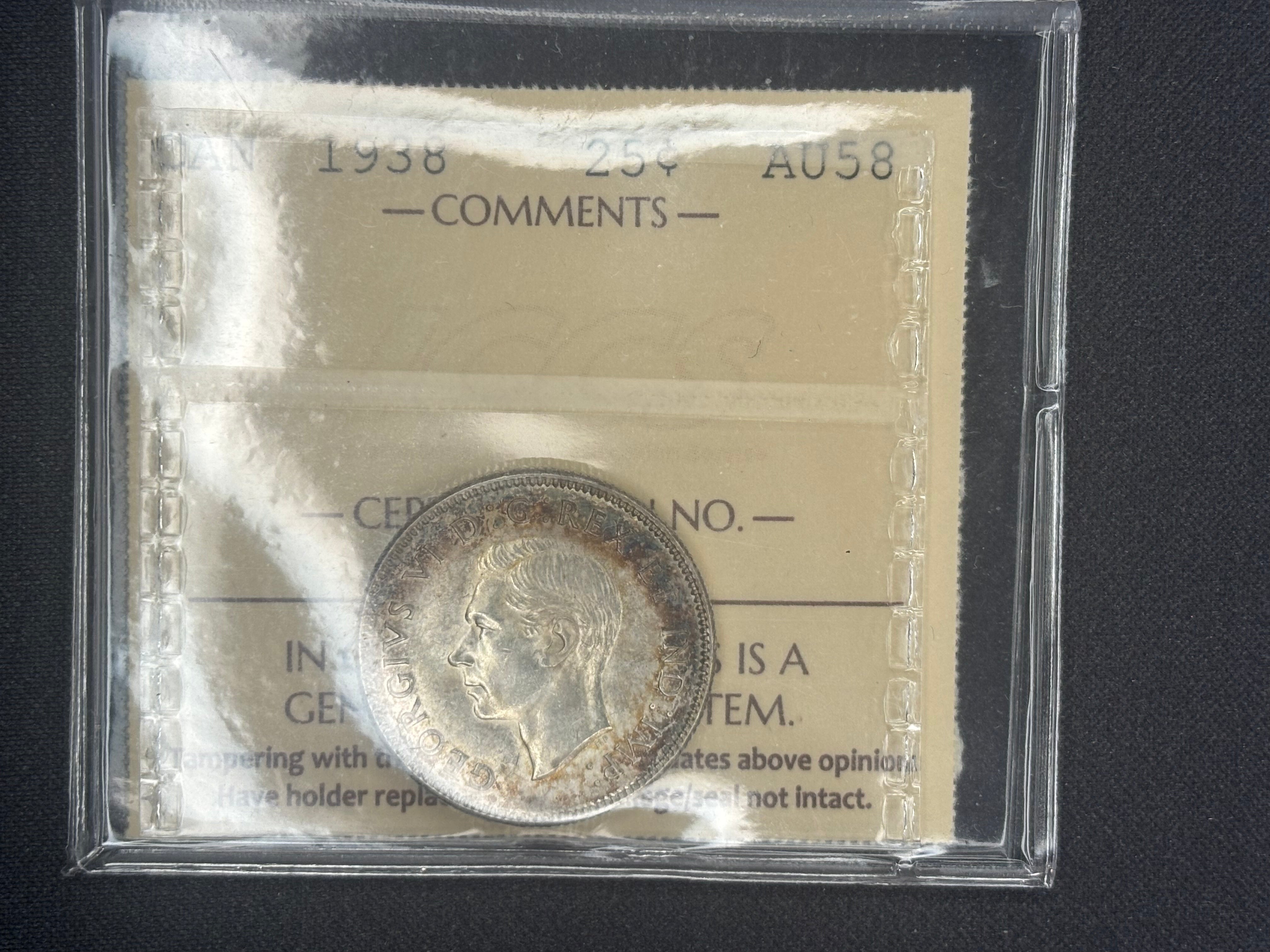 Canadian Silver Coin - 25 cents - 1938 - AU58 ICCS