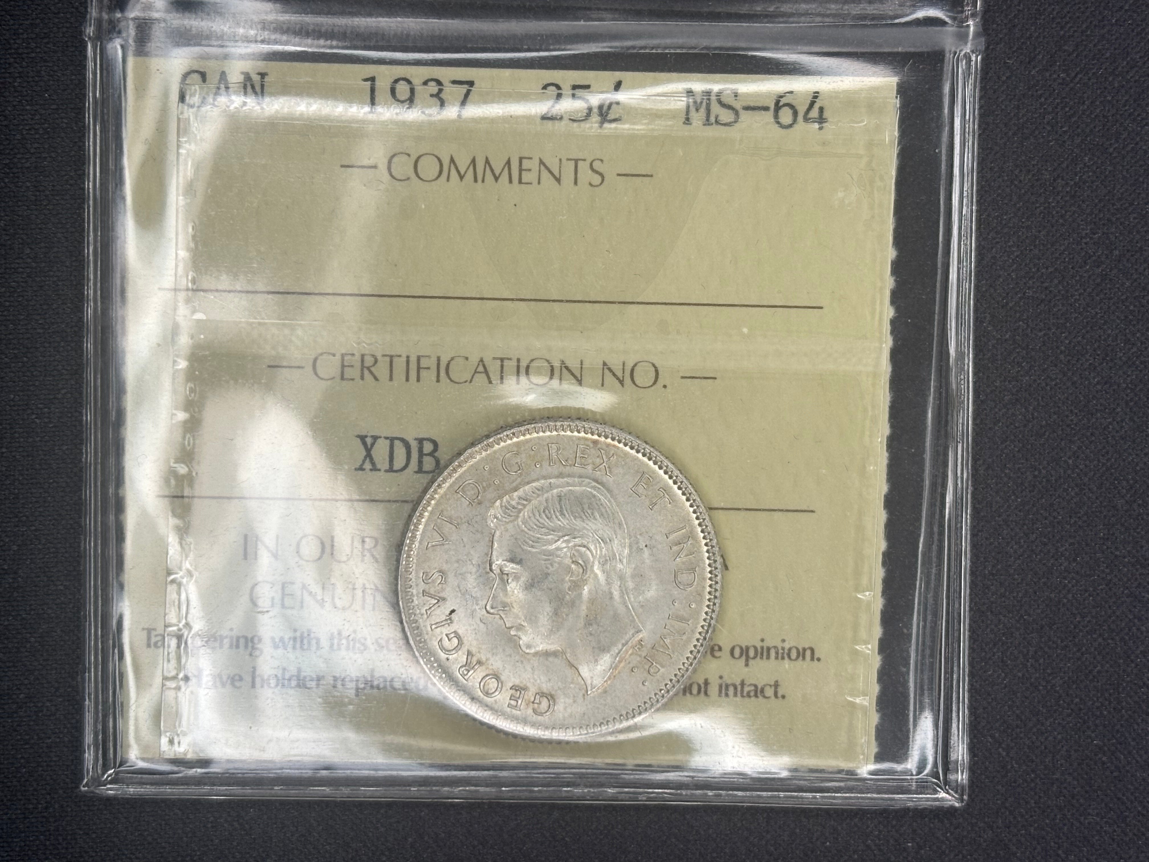 Canadian Silver Coin - 25 cents - 1937 MS64 ICCS