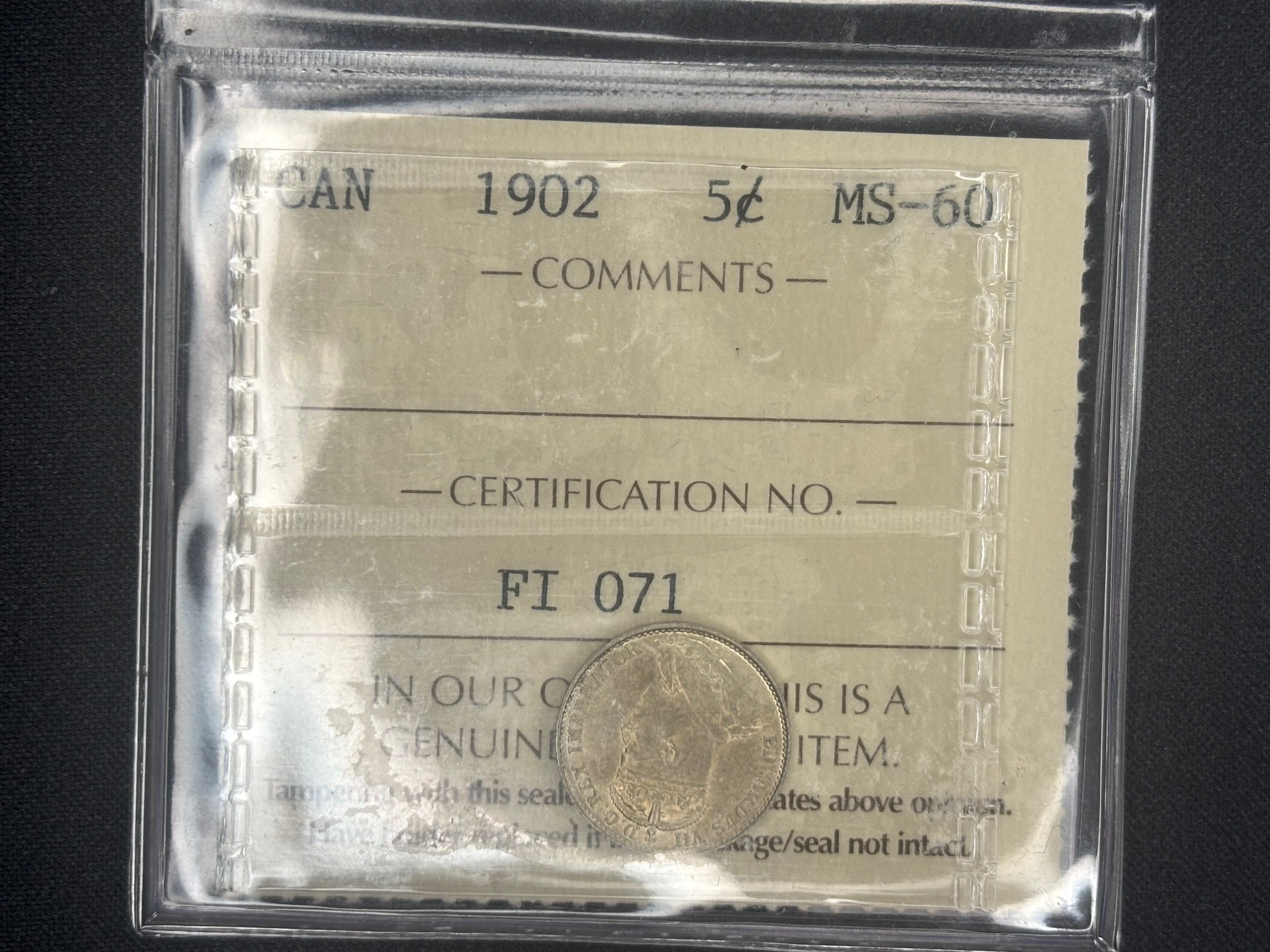 Canada Silver Coin - 5 cents - 1902 ICCS MS60