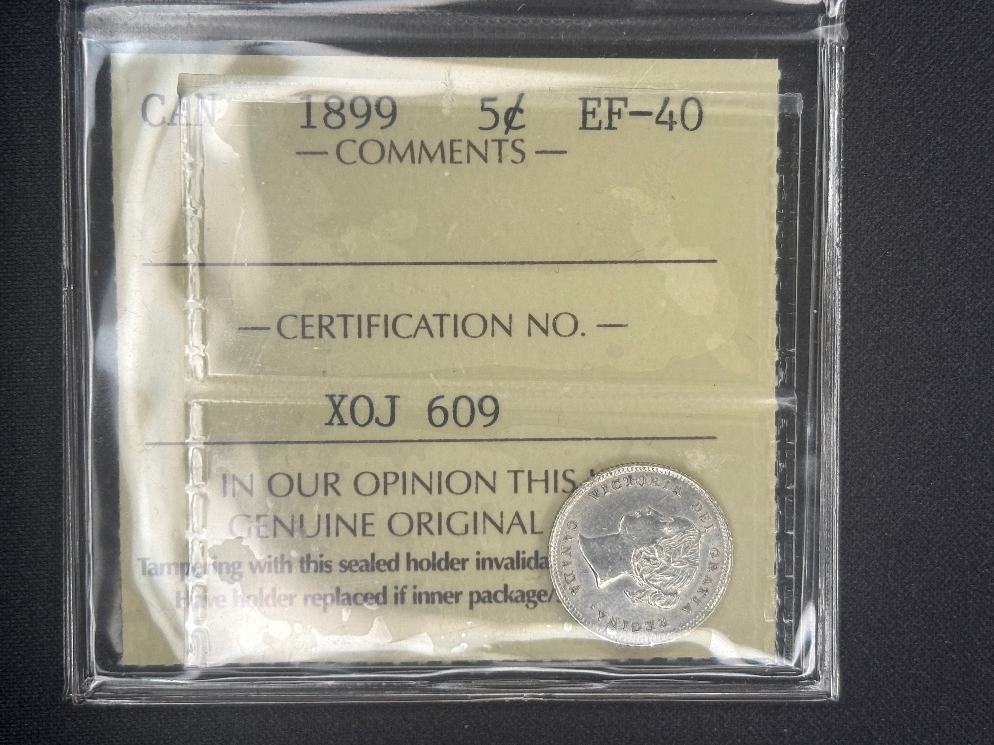 Canada Silver Coin- 5 cents - 1899 ICCS EF40