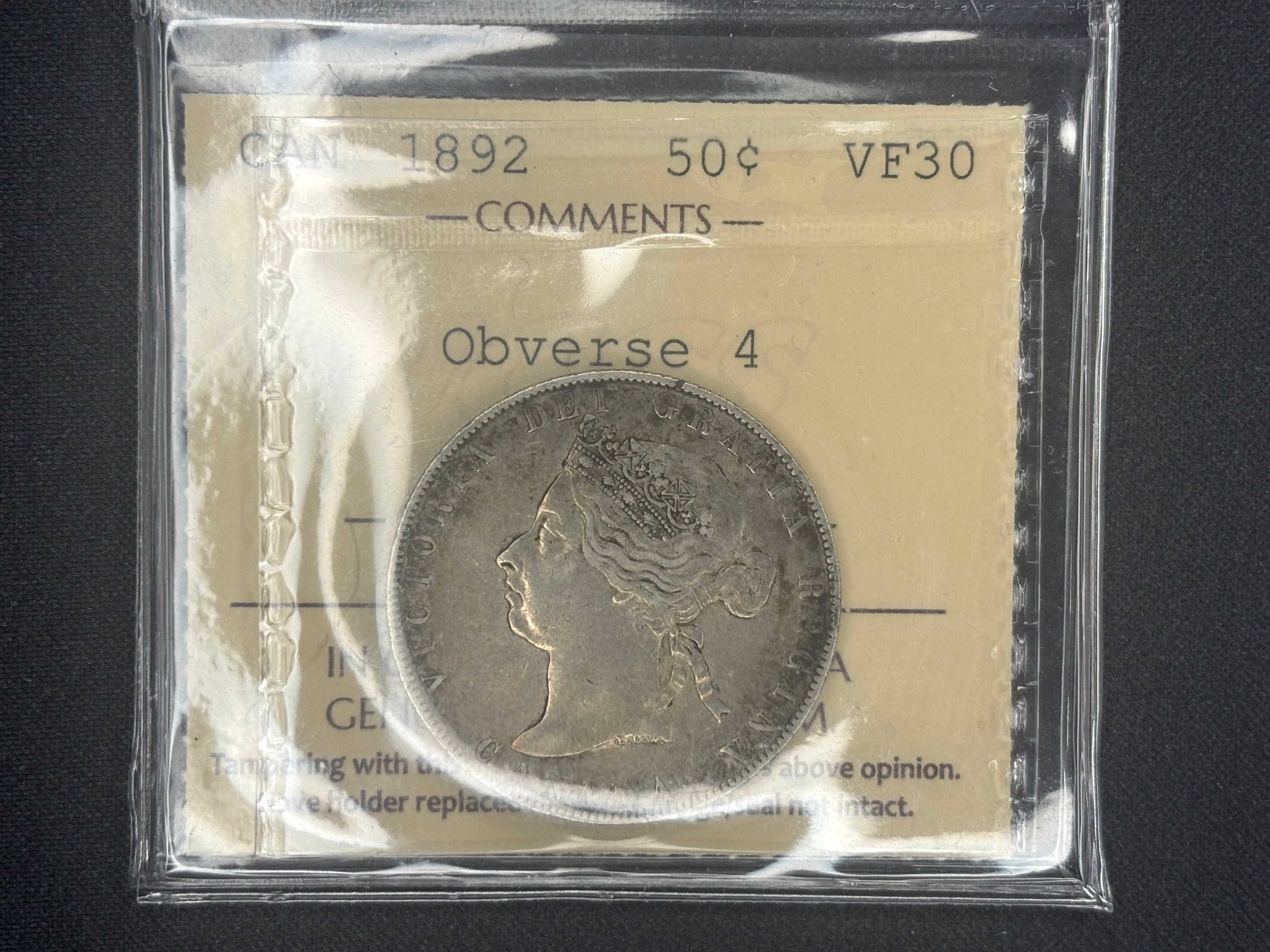 Canadian Silver Coin - 50 cents - 1892 Obv4 - VF30 ICCS
