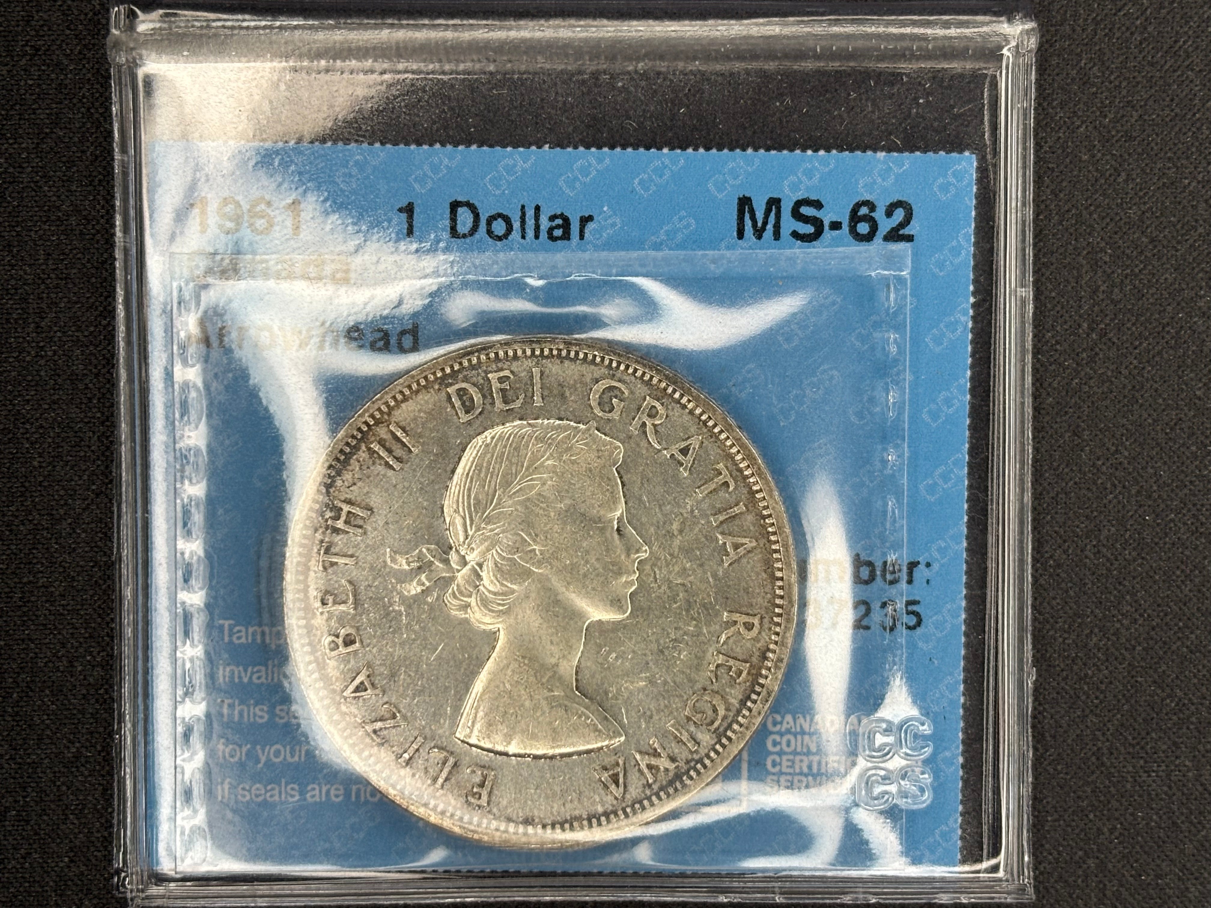 Canadian Silver Coin - Dollar - 1961 Arrowhead - MS62 CCCS