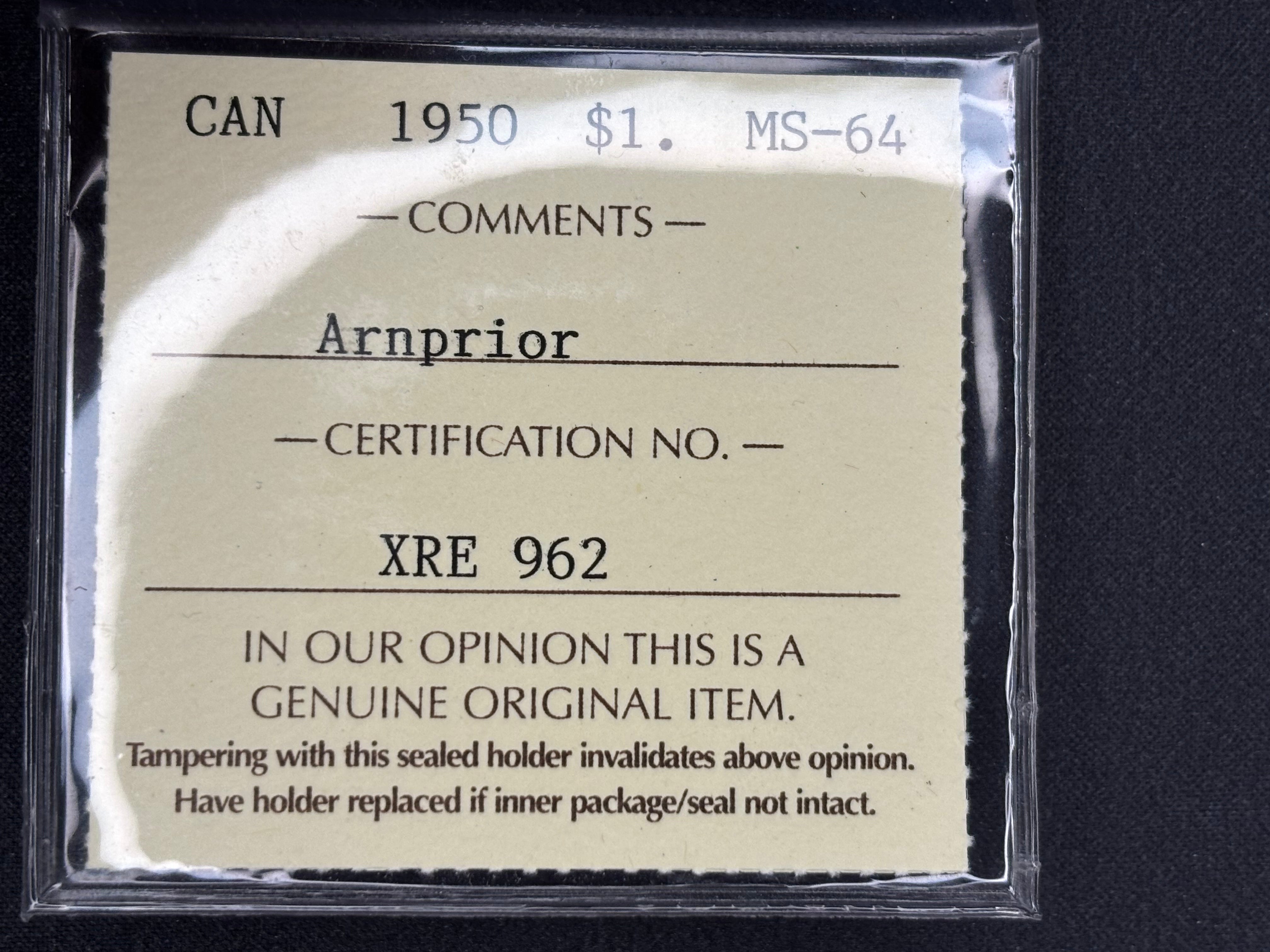 Canadian Silver Coin - Dollar - 1950 ARN - MS64 ICCS