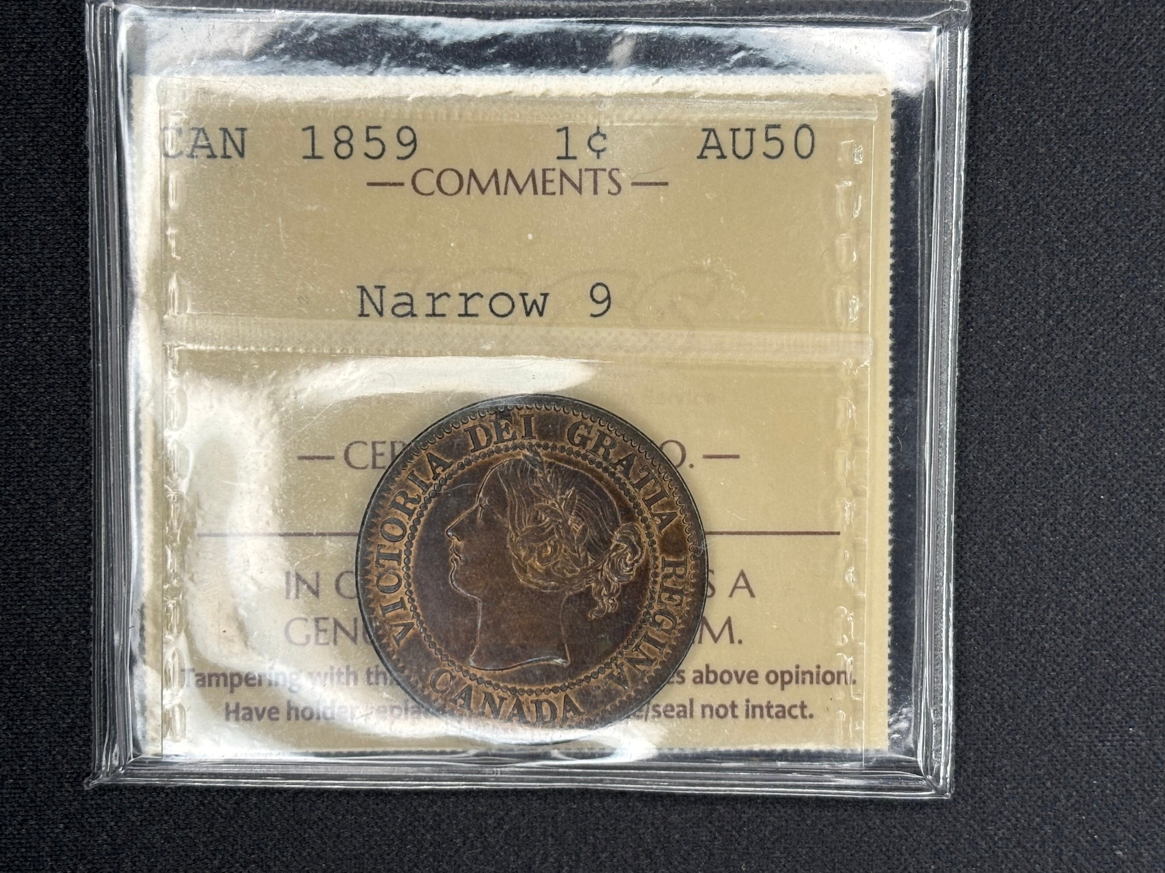 Canadian Coin - Penny - 1859 Narrow 9 - AU50 ICCS