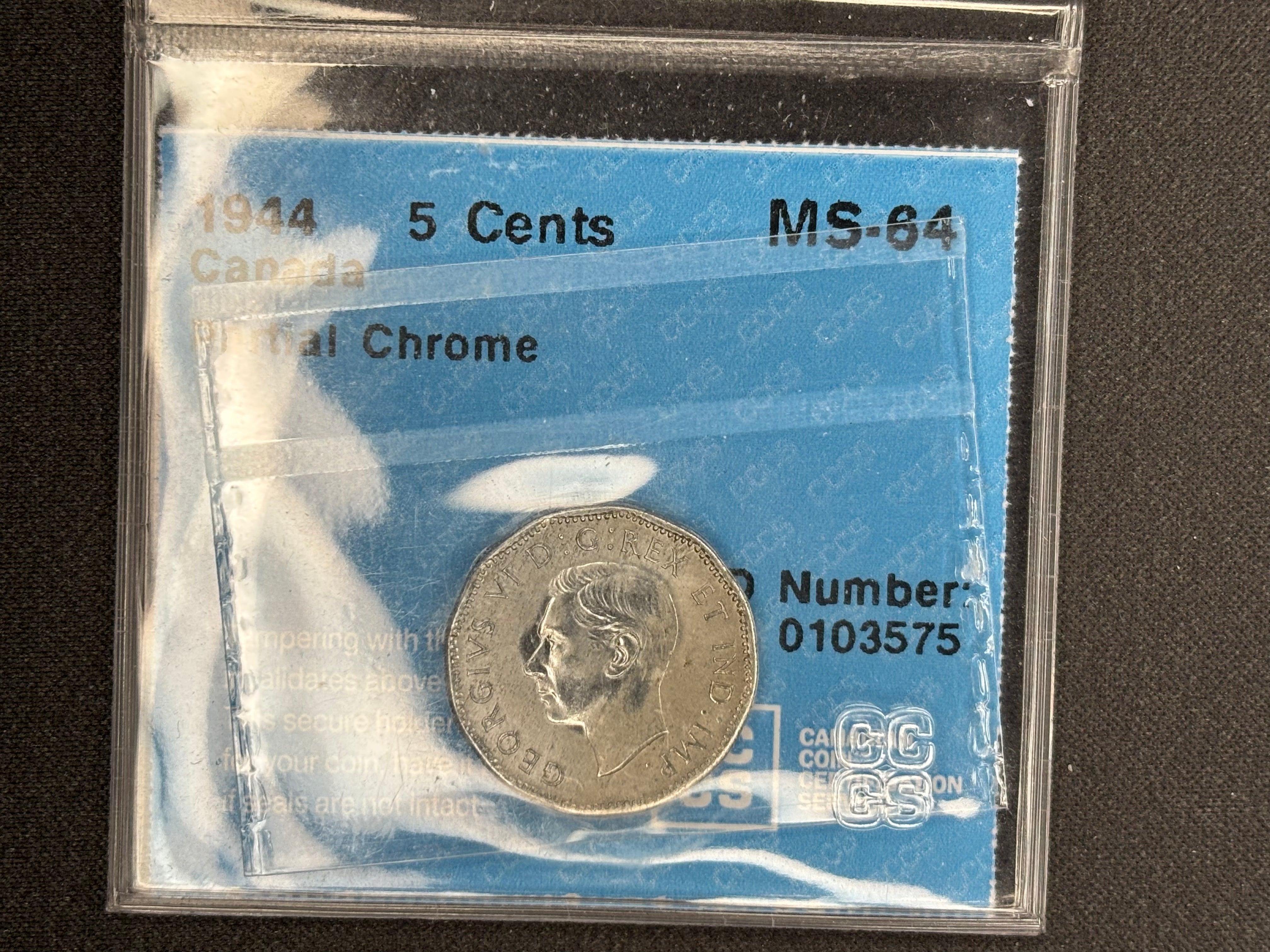 Canadian Nickel Coin - 5 cents - 1944 Partial Chrome - MS64 CCCS