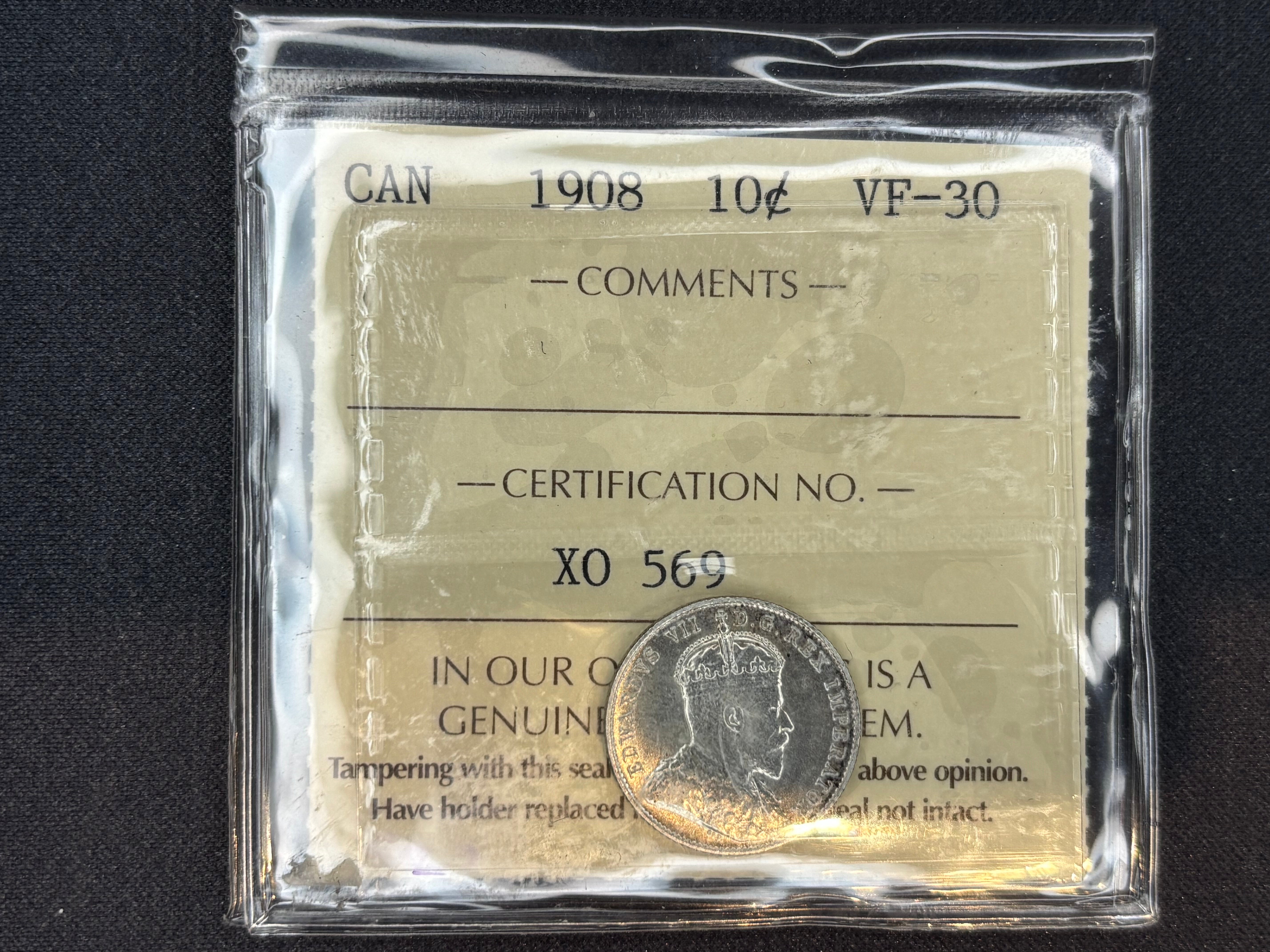 Canadian Silver Coin - 10 cents - 1908 VF30 ICCS