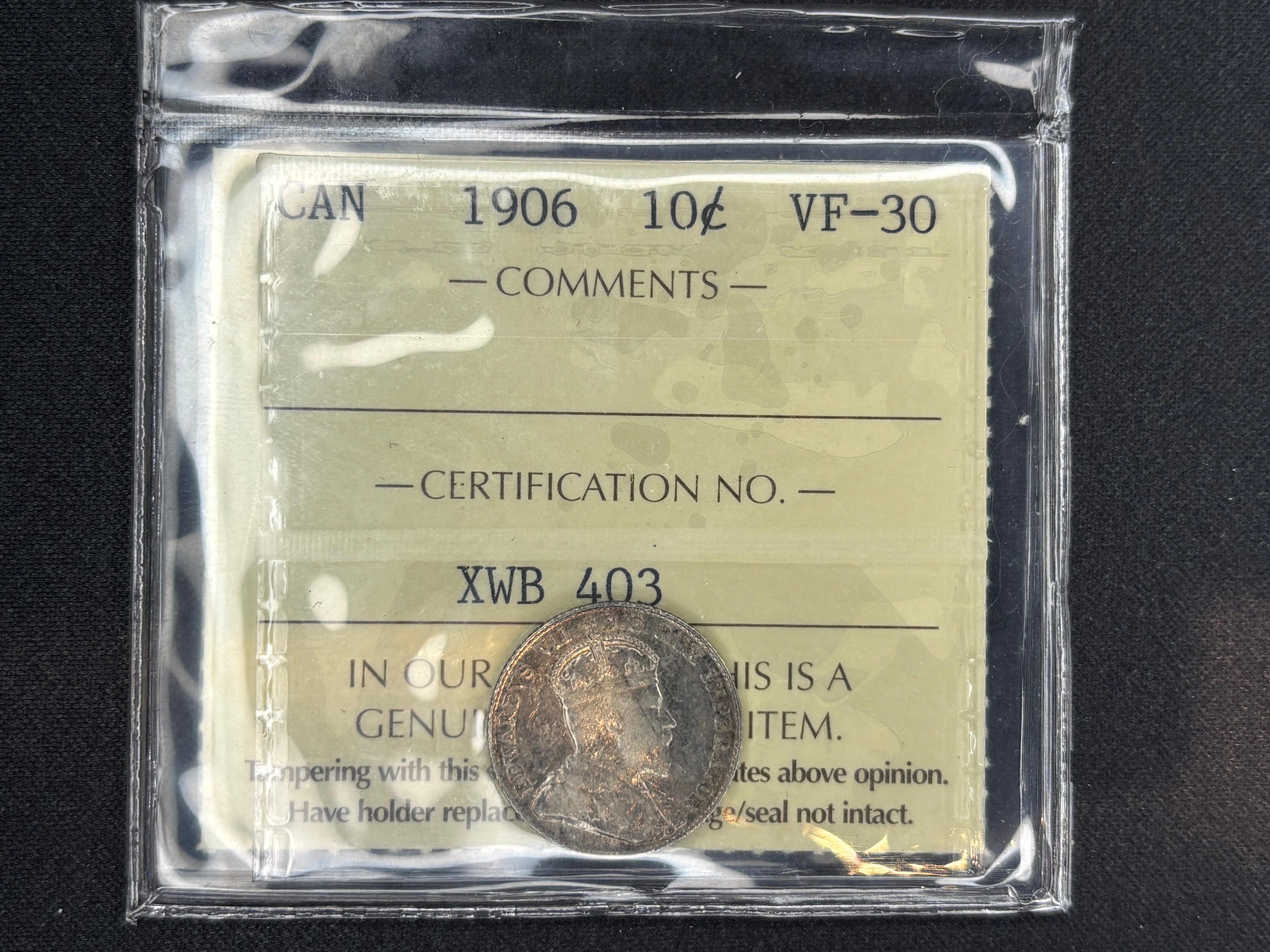 Canadian Silver Coin - 10 cents - 1906 VF30 ICCS