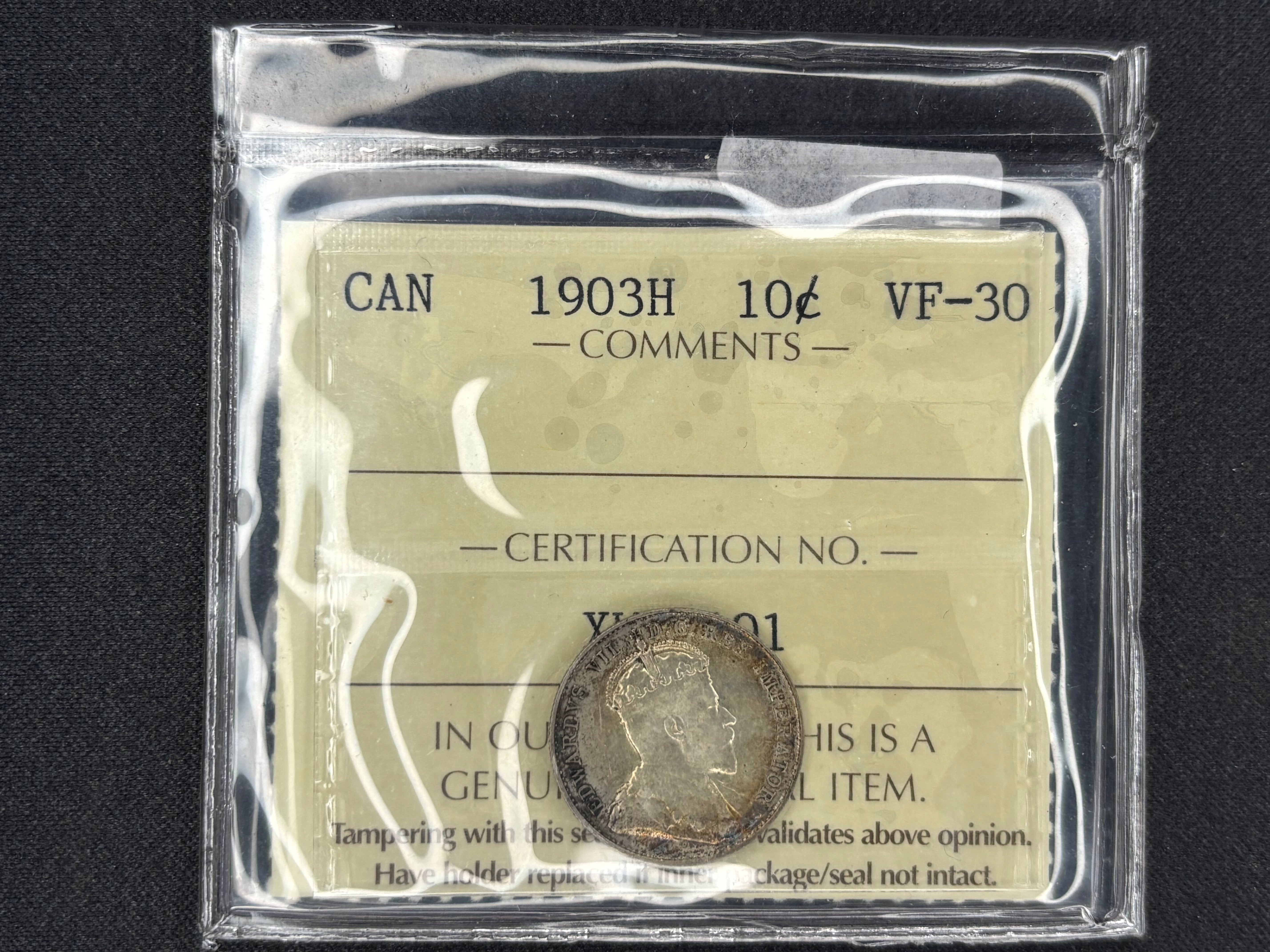 Canadian Silver Coin - 10 cents - 1903H VF30 ICCS