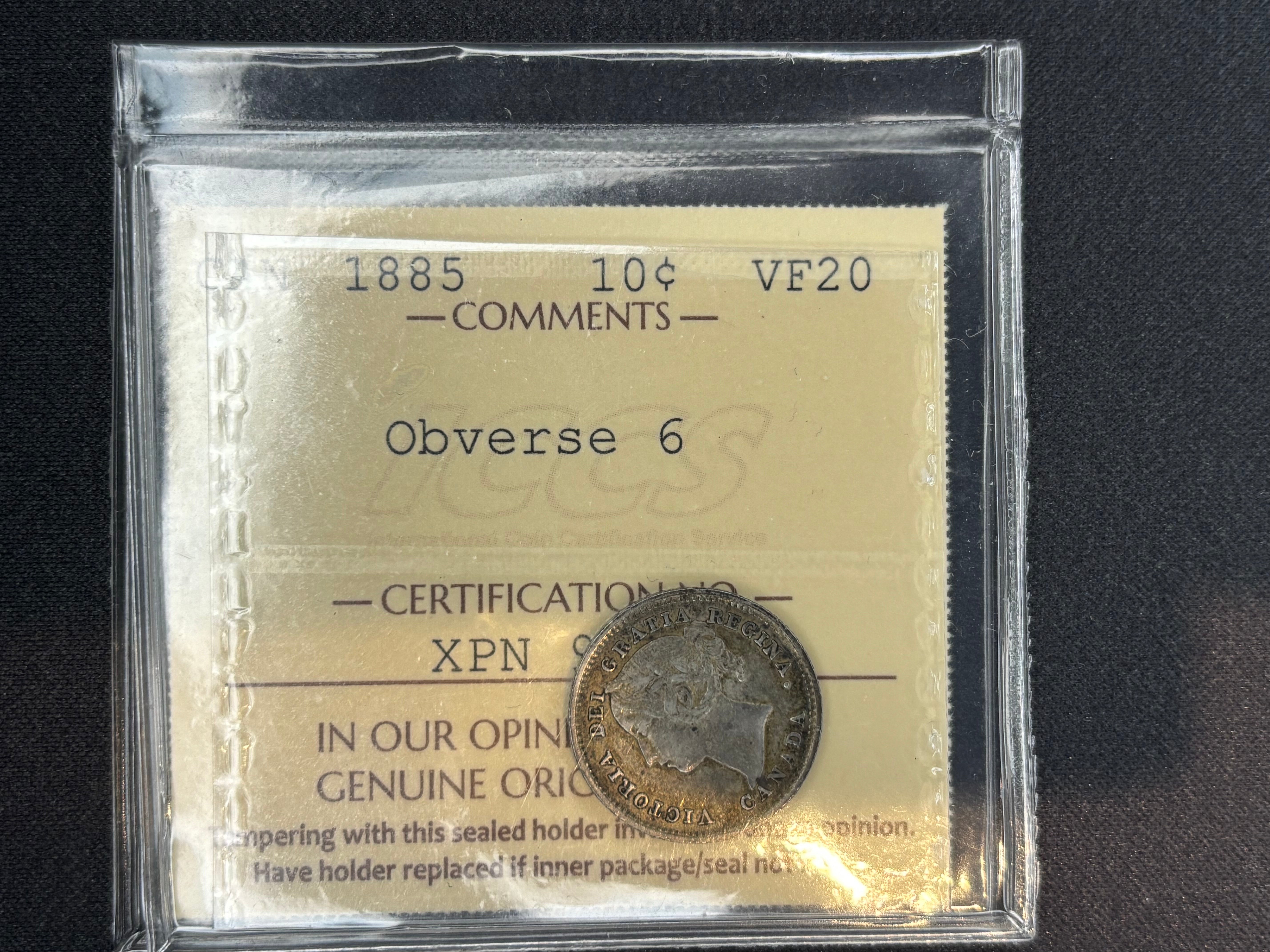 Canadian Silver Coin - 10 cents - 1885 Obv6 VF20 ICCS