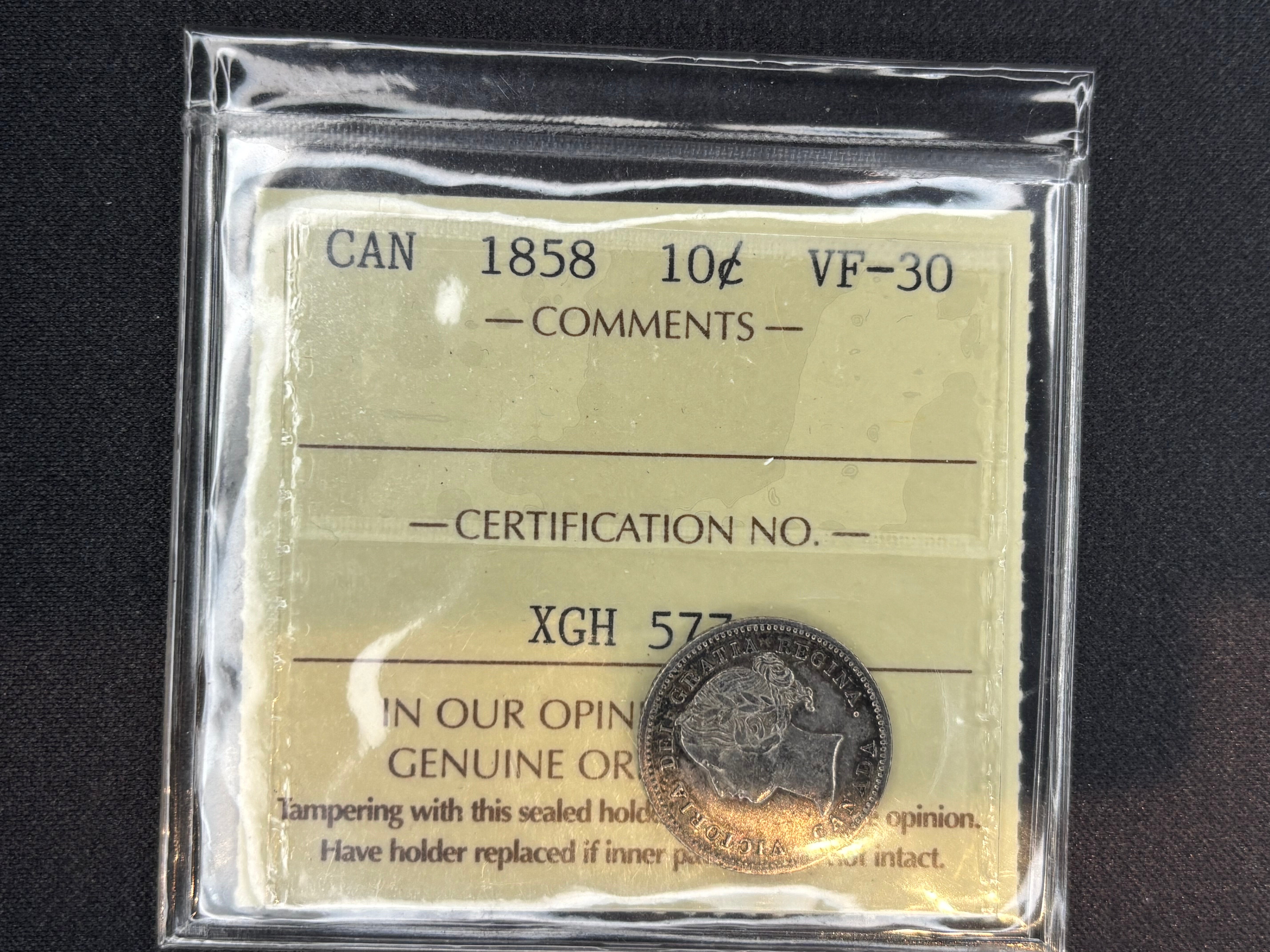 Canadian Silver Coin - 10 cents - 1858 VF30 ICCS