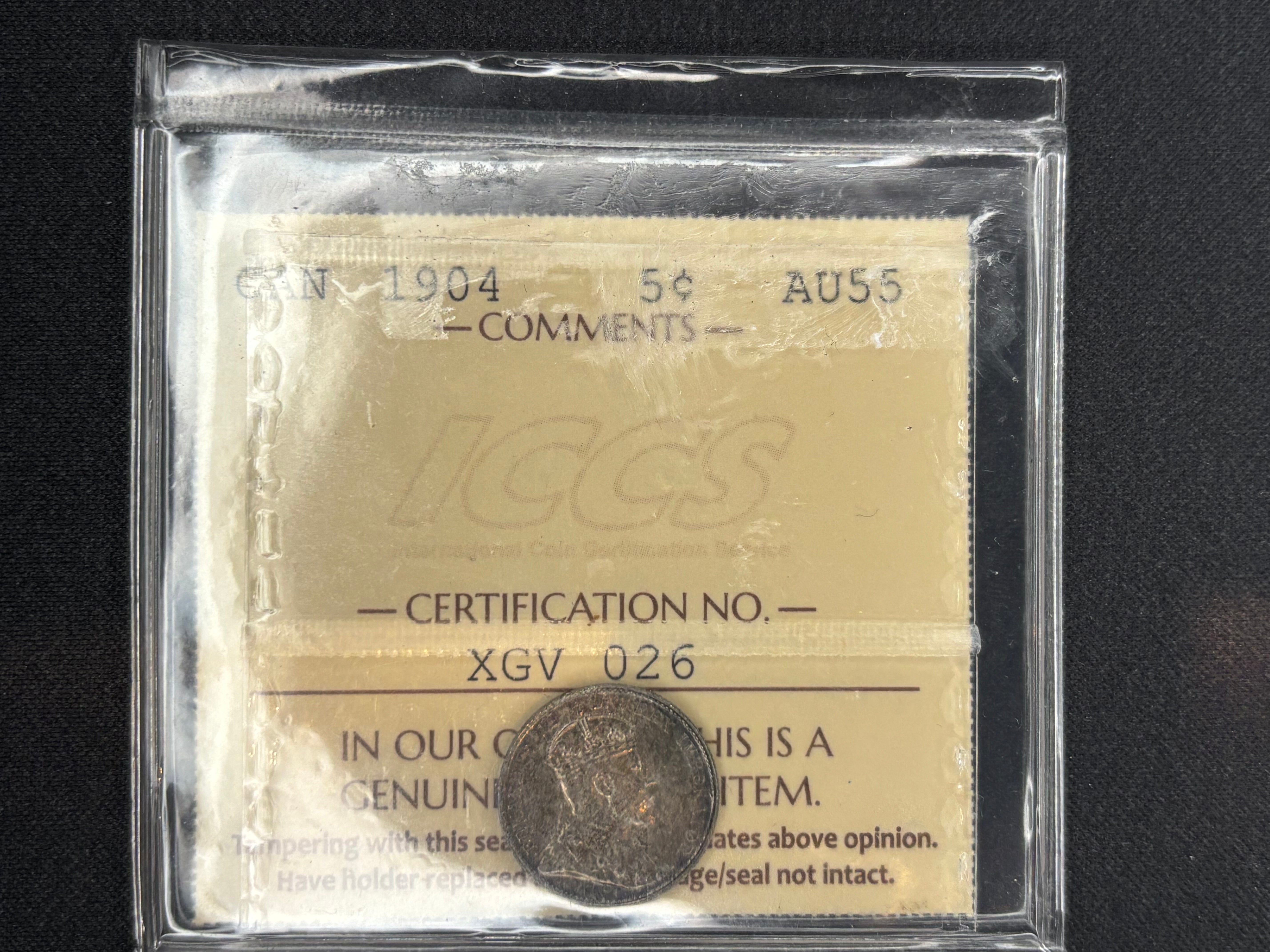 Canadian Silver Coin - 5 cents -1904  - AU55 ICCS