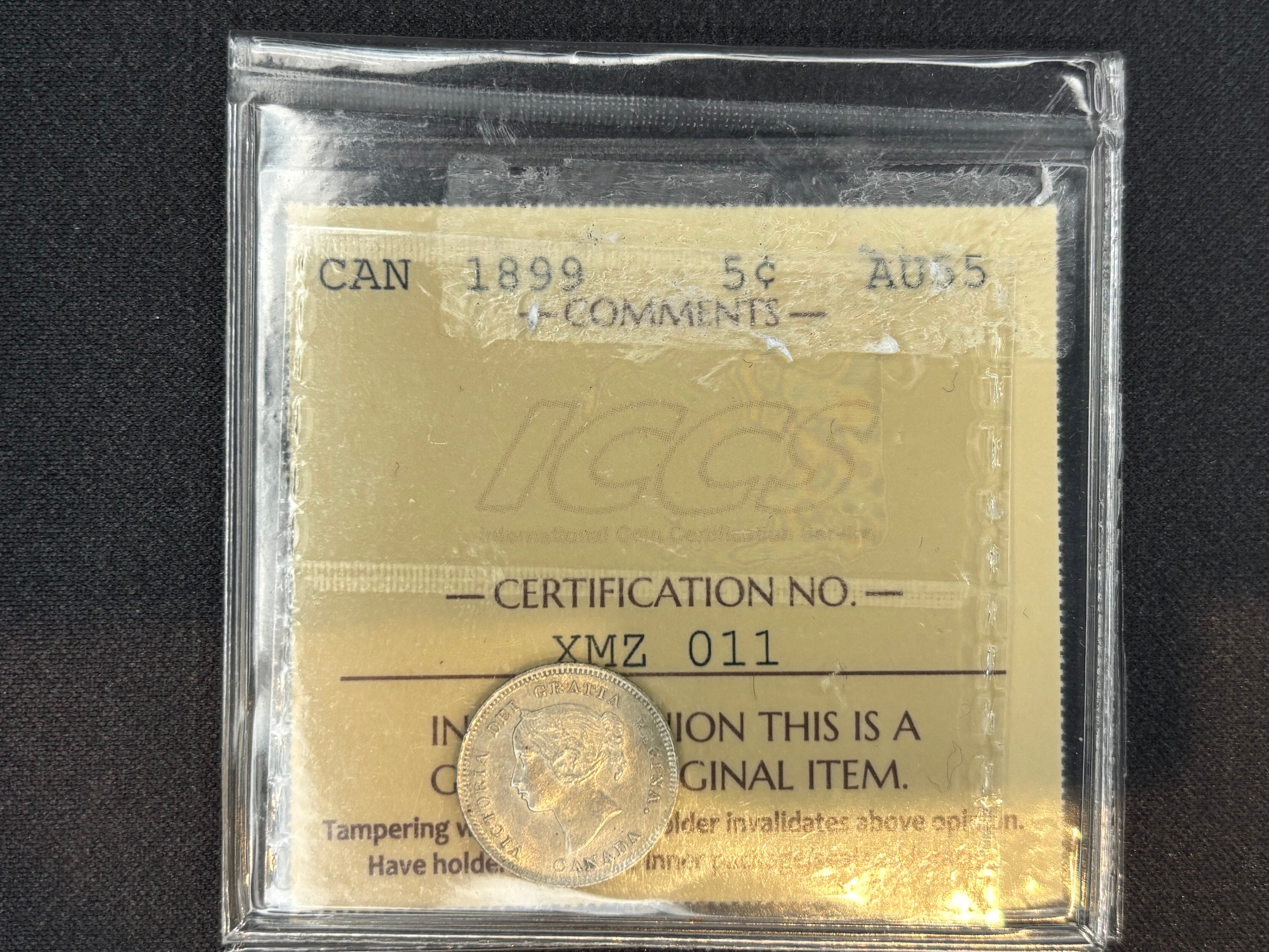 Canadian Silver Coin - 5 cents -1899  - AU55 ICCS