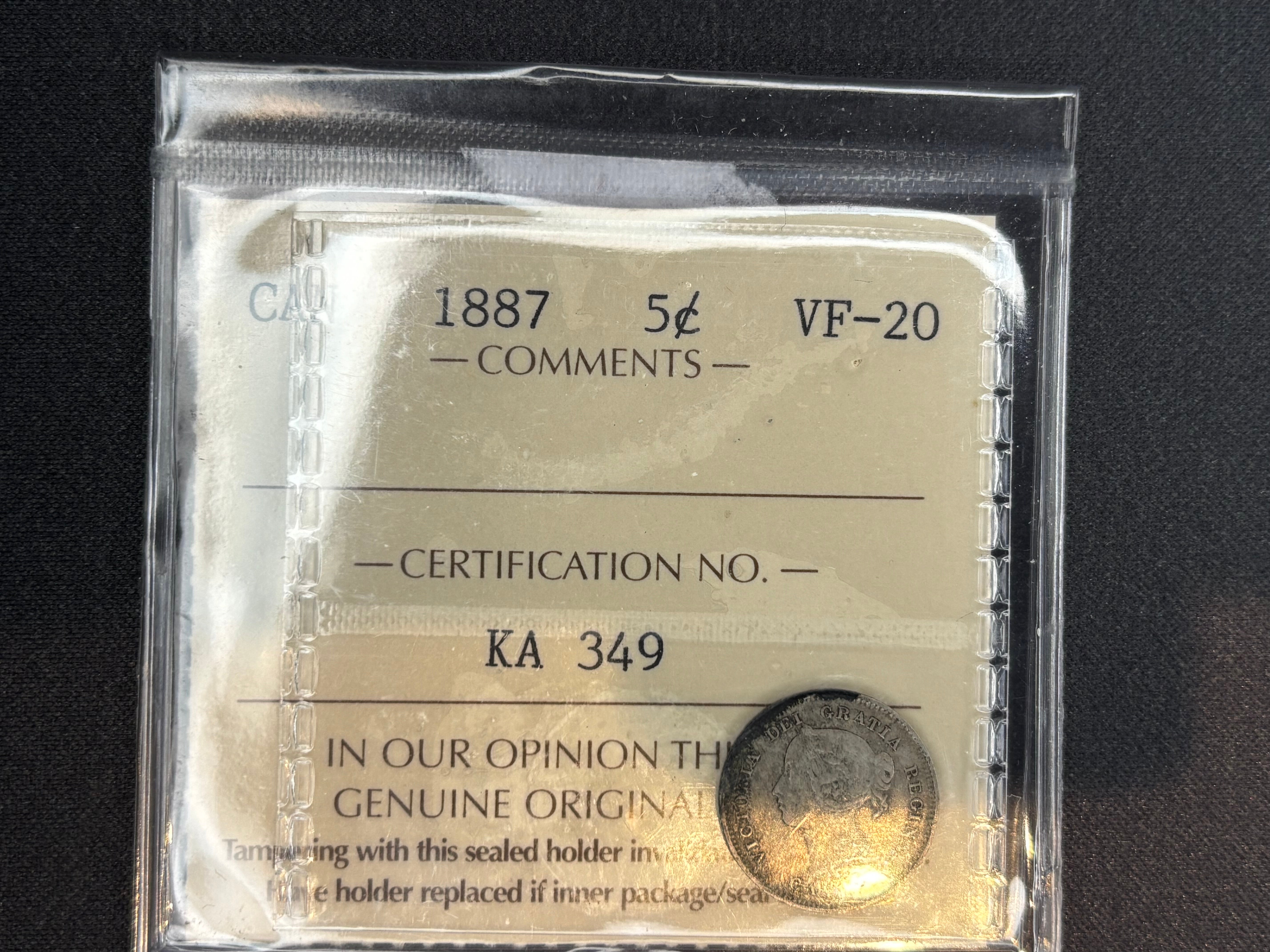 Canadian Silver Coin - 5 cents - 1887 - VF20 ICCS